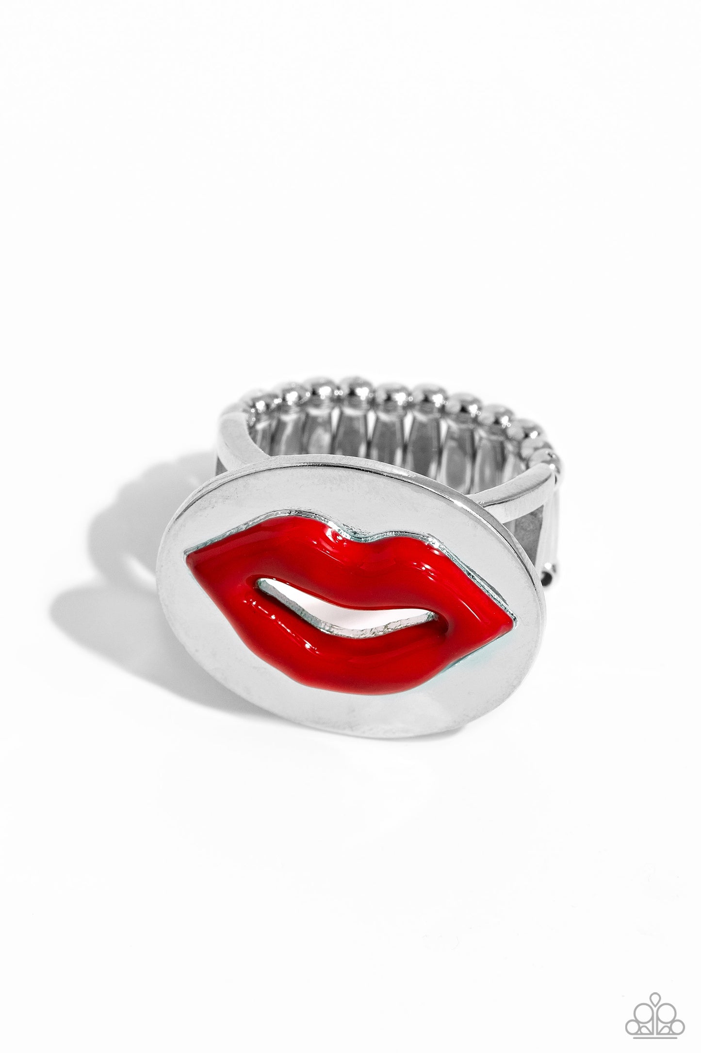 <p>Paparazzi Accessories - Lip Labor - Red Rings featuring a textured sheen, a pair of red lips puckers atop an oval silver disc on airy silver bands to create a youthful centerpiece. Features a stretchy band for a flexible fit.</p> <p><i>Sold as one individual ring.</i></p>
