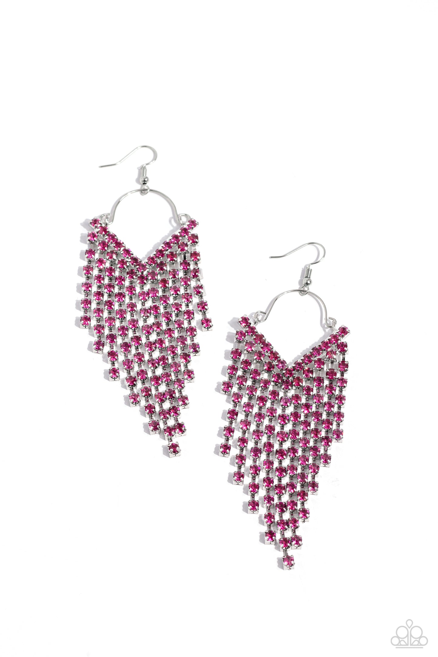 Paparazzi Accessories - VFallin - Pink Earrstranattached to a dainty silver wire fitting, strands of glittery fuchsia rhinestones pressed in sleek silver fittings freefall from the ear into an edgy v-shaped cascade for a bold look. Earring attaches to a standard fishhook fitting. Sold as one pair of earrings.