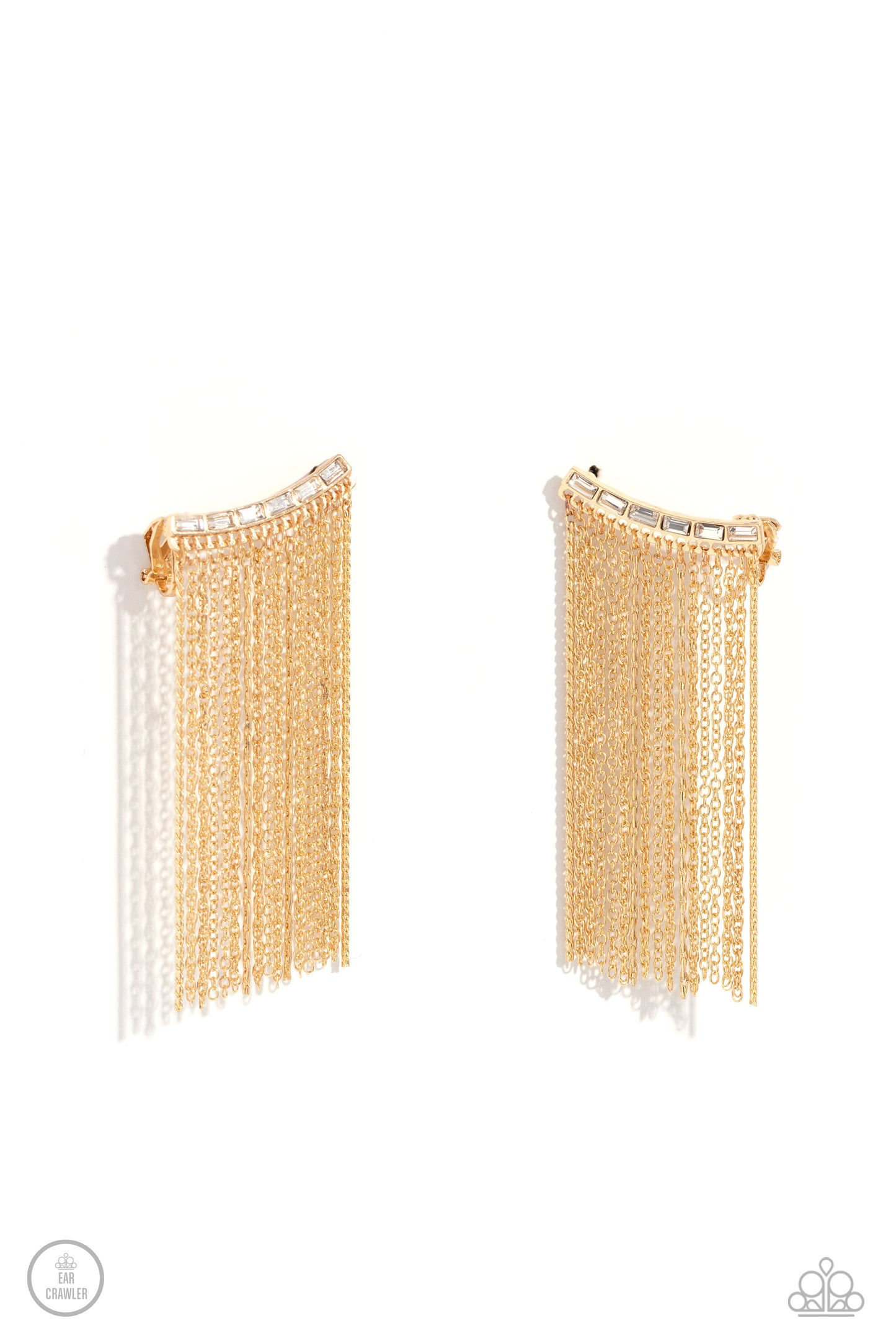 Paparazzi Accessories - Feuding Fringe - Gold Earrings a tapered fringe of mismatched dainty gold chains cascades from the edge of a curving white emerald-cut gem-encrusted frame, creating an edgy centerpiece atop the ear. Features an extended post fitting that climbs the back of the ear and can be pressed together for a more secure fit. Sold as one pair of ear crawlers.