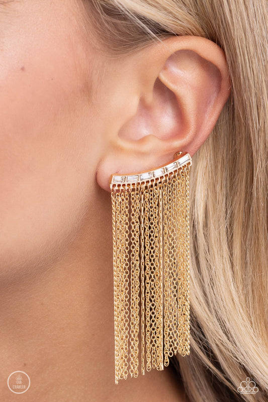 Paparazzi Accessories - Feuding Fringe - Gold Earrings a tapered fringe of mismatched dainty gold chains cascades from the edge of a curving white emerald-cut gem-encrusted frame, creating an edgy centerpiece atop the ear. Features an extended post fitting that climbs the back of the ear and can be pressed together for a more secure fit.  Sold as one pair of ear crawlers.