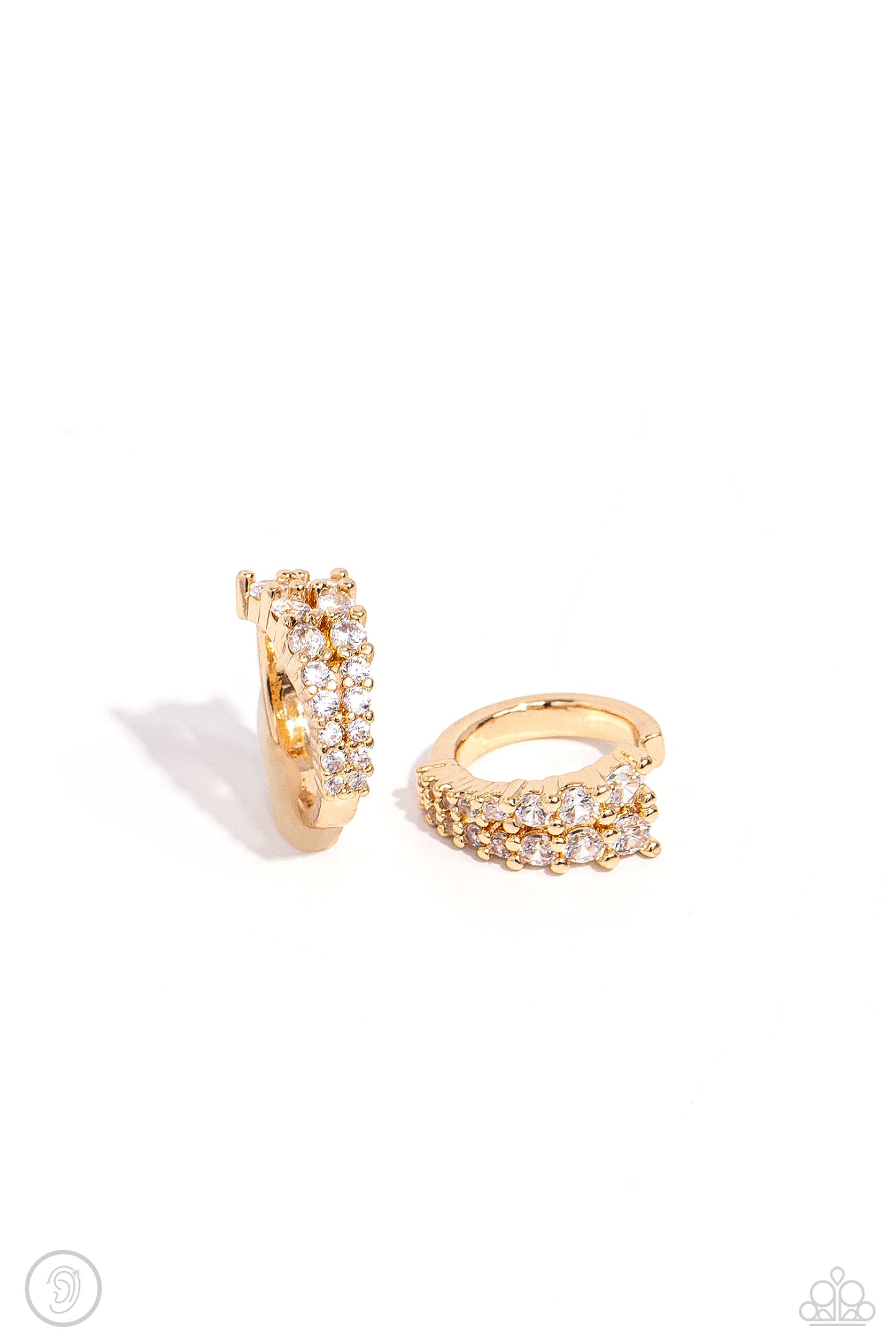Paparazzi Accessories - Pronged Parisian - Gold Ear Cuff Earrings featuring a two-pronged gold fitting, white rhinestones gradually decrease in size to create a blinding, adjustable, one-size-fits-all cuff. Sold as one pair of cuff earrings.