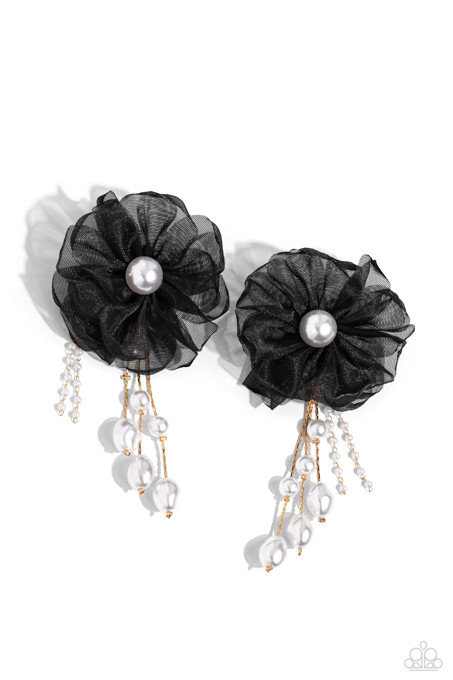 Paparazzi Accessories - Dripping in Decadence - Gold Chiffon Earrings folds of black netting gather around a glossy white pearl center, creating a spunky blossom. Cascading from the black netted petals, various white pearls in glossy, baroque, and dainty settings are infused along gold cobra chains for a refined finish. Earring attaches to a standard post fitting. Sold as one pair of post earrings.