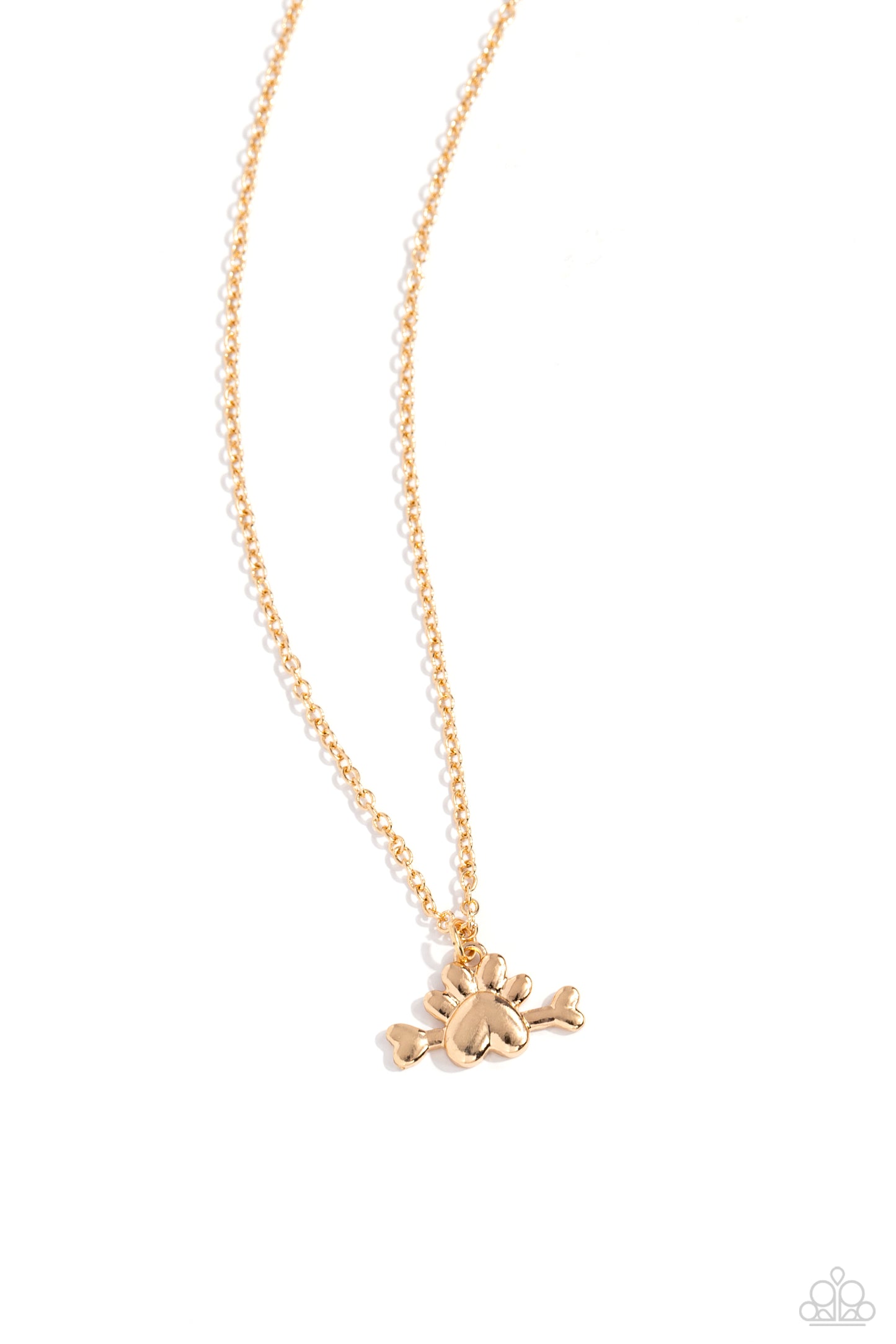 Paparazzi Accessories - Loyal Companion - Gold Necklaces infused through a sleek gold dog bone, a shiny gold paw print charm swings from a classic gold chain below the collar, creating a pet-lover inspired pendant. Features an adjustable clasp closure. Sold as one individual necklace. Includes one pair of matching earrings.