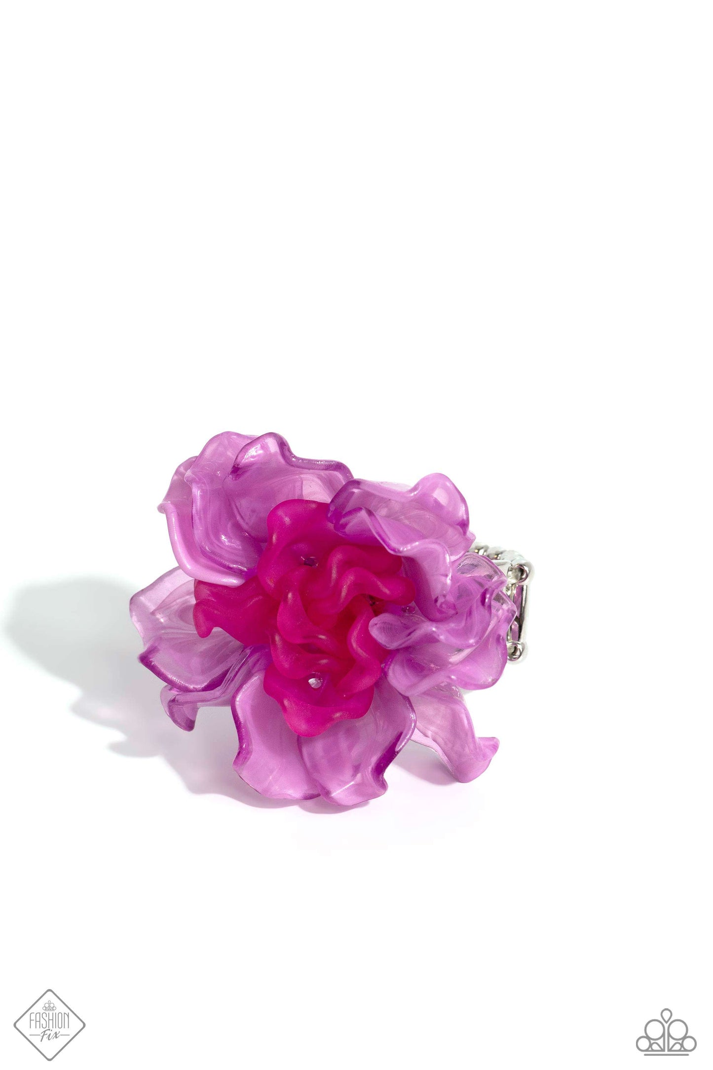 Paparazzi AccessoriesPaparazzi - Lush Lotus - Pink Rings rippling in curved textures, cloudy Radiant Orchid petals bloom from a daintier collection of matte Viva Magenta petals atop airy silver bands for a whimsical, oversized display. Features a stretchy band for a flexible fit. Sold as one individual ring.