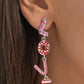 Paparazzi Accessories - Admirable Assortment - Pink Earrings Silver letters with various Valentine's-inspired details spell out the word "LOVE" as they vertically cascade down the ear in a flattering finish. The "L" features hot pink-painted hearts, the "O" features a red background with white rhinestones and dainty white pearls, the "V" features a baby pink glitter backdrop, and the "E" features stripes of white and red. Each of the letters are interconnected to one another, infusing the design.
