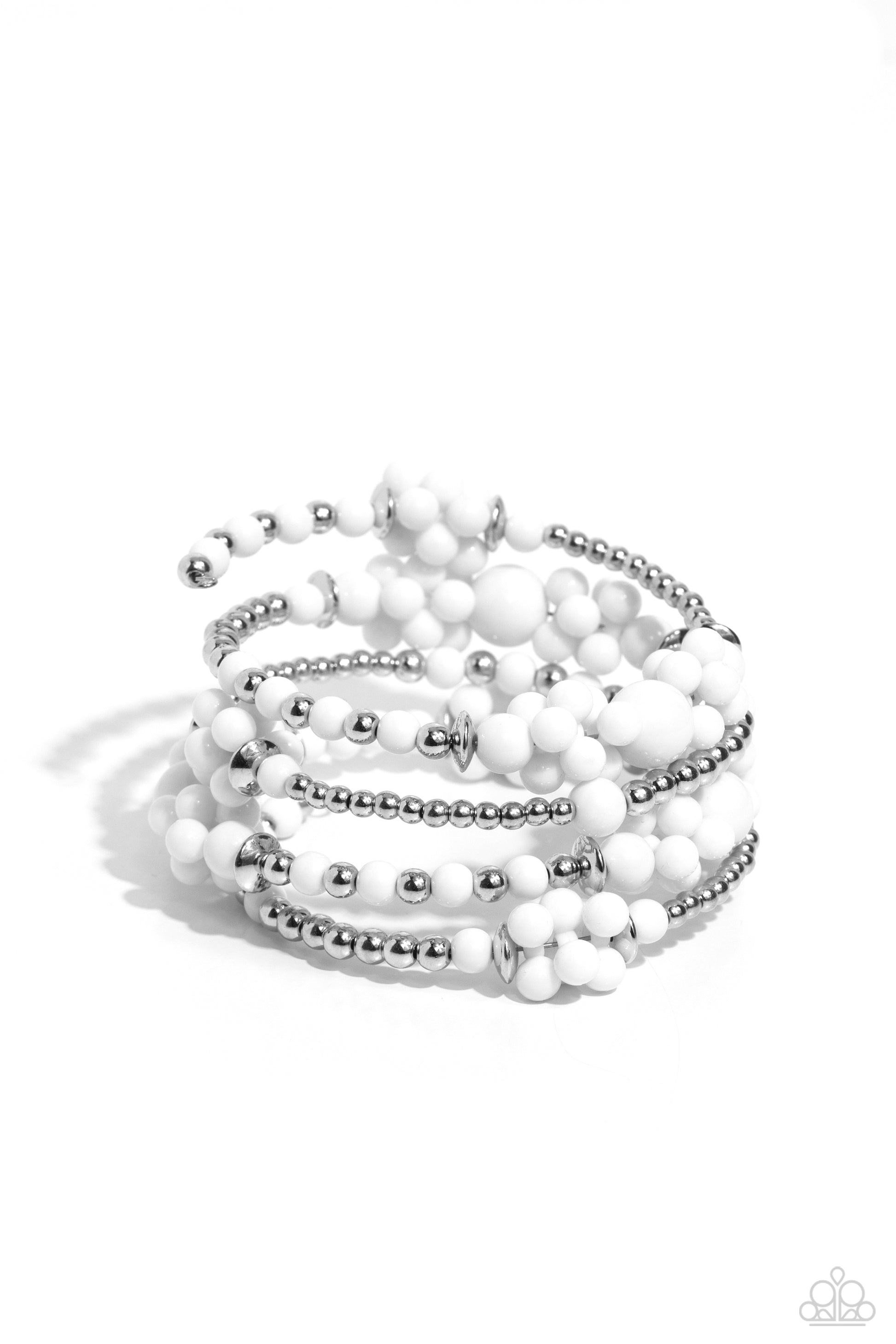 <p data-mce-fragment="1">Paparazzi Accessories - Compelling Clouds - White Bracelets strands of sleek silver beads and accents mixed with white acrylic beads in varying sizes are threaded along an infinity wrap-style bracelet. Clusters of white beads are sporadically infused along the design, creating cloud-like, ethereal layers around the wrist.</p> <p data-mce-fragment="1"><i data-mce-fragment="1">Sold as one individual bracelet.</i></p>