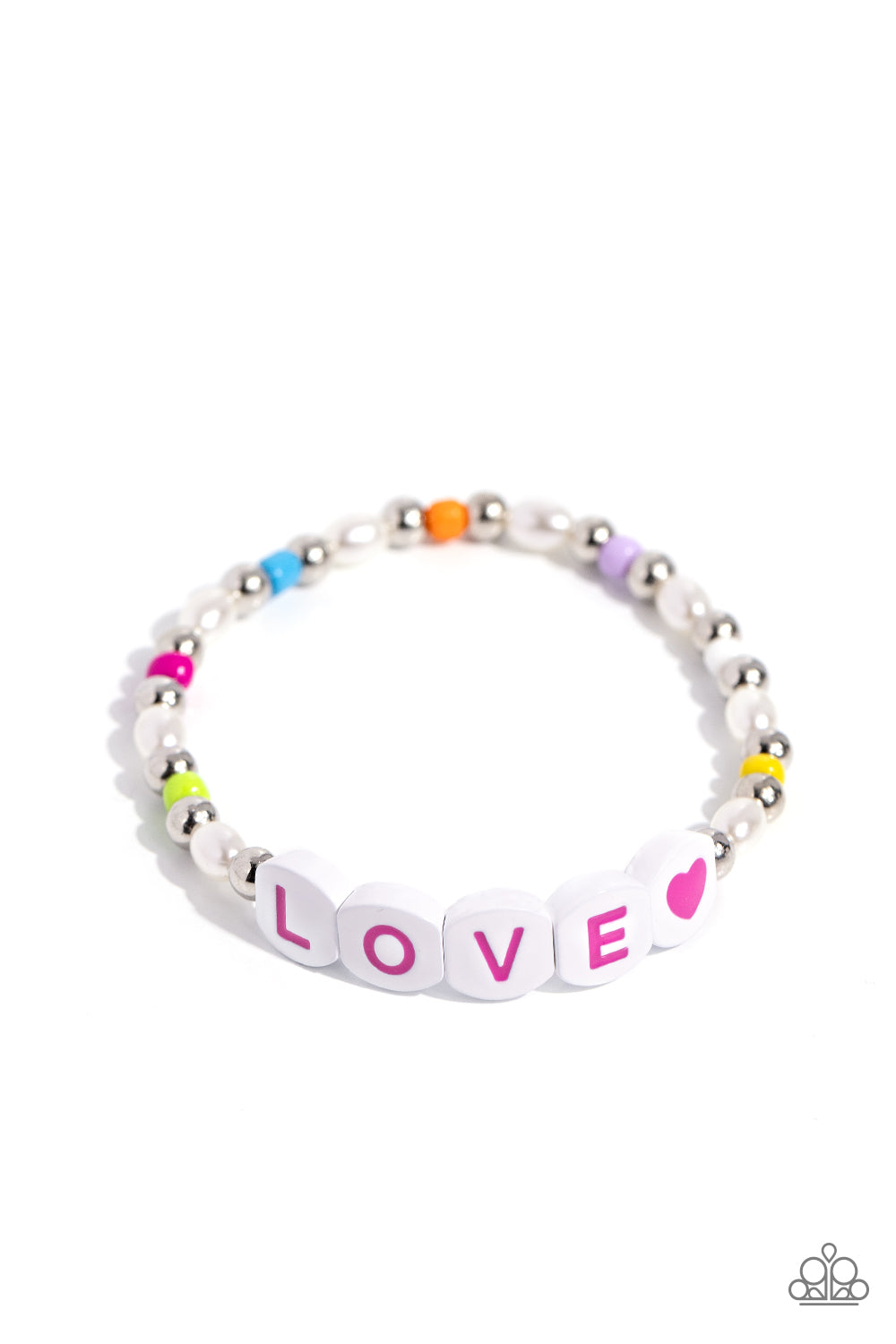Paparazzi Accessories - Love Language - Multi Bracelets infused on an elastic stretchy band, white pearls, multicolored seed beads, silver studs, and white beads with hot pink letters spelling out the word "LOVE" with a hot pink heart bead as it wraps around the wrist for a sentimental, youthful display. Sold as one individual bracelet.