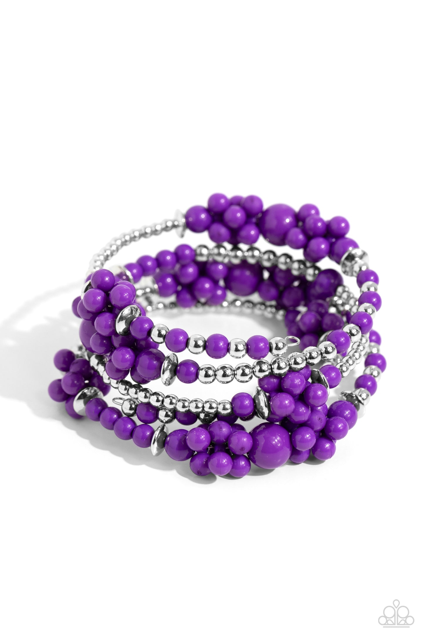 Paparazzi Accessories - Compelling Clouds - Purple Bracelets strands of sleek silver beads and accents mixed with plum acrylic beads in varying sizes are threaded along an infinity wrap-style bracelet. Clusters of beads are sporadically infused along the design, creating cloud-like, ethereal layers around the wrist. Sold as one individual bracelet.