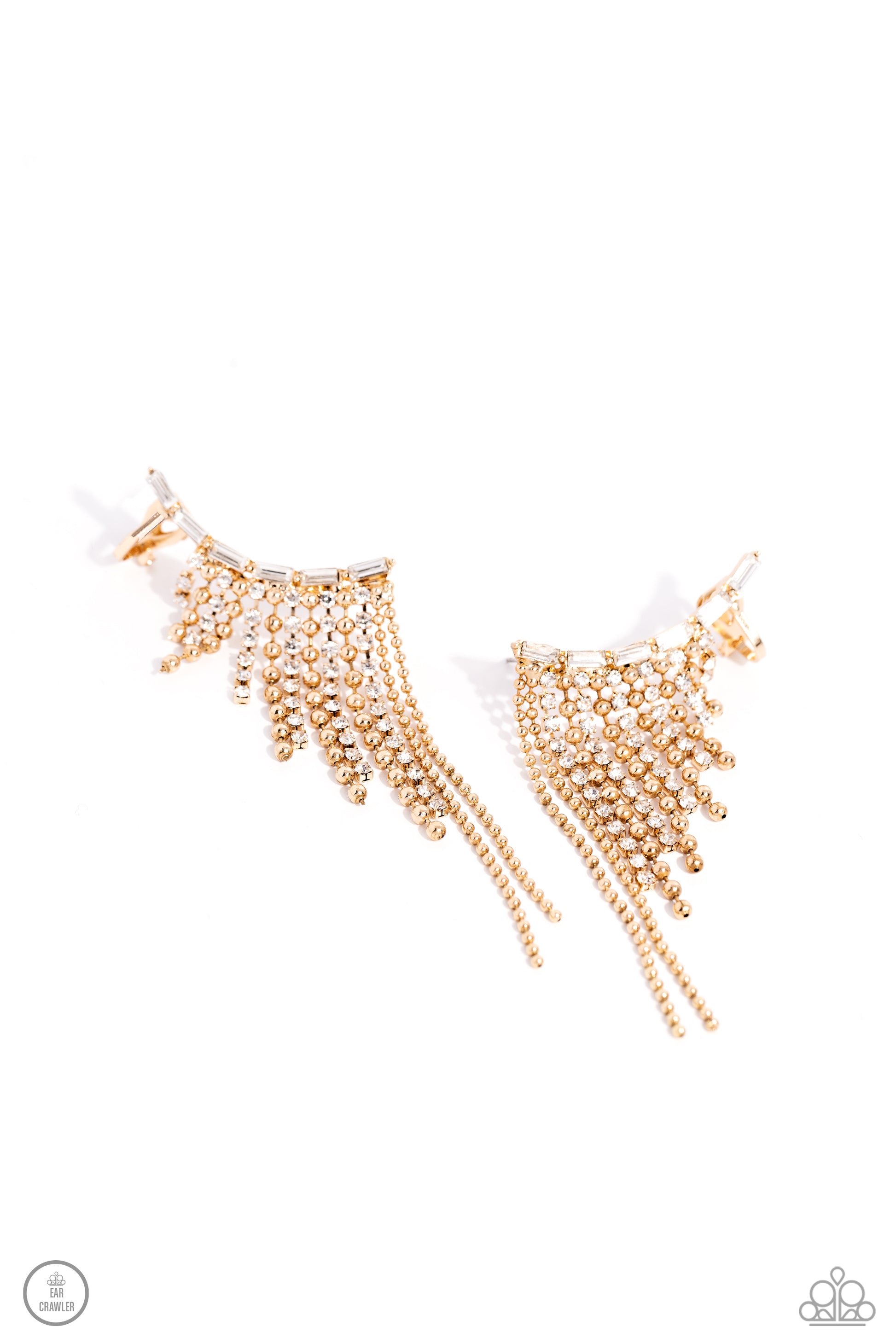 Paparazzi Accessories - Tapered Tease - Gold Earrings a tapered fringe of dainty gold popcorn chains and glittery strands of white rhinestones in square fittings cascades from the edge of a white emerald-cut, gem-encrusted curved frame, creating an edgy centerpiece. Earring attaches to a standard post earring. Features a clip-on fitting at the top for a secure fit.  Sold as one pair of ear crawlers.