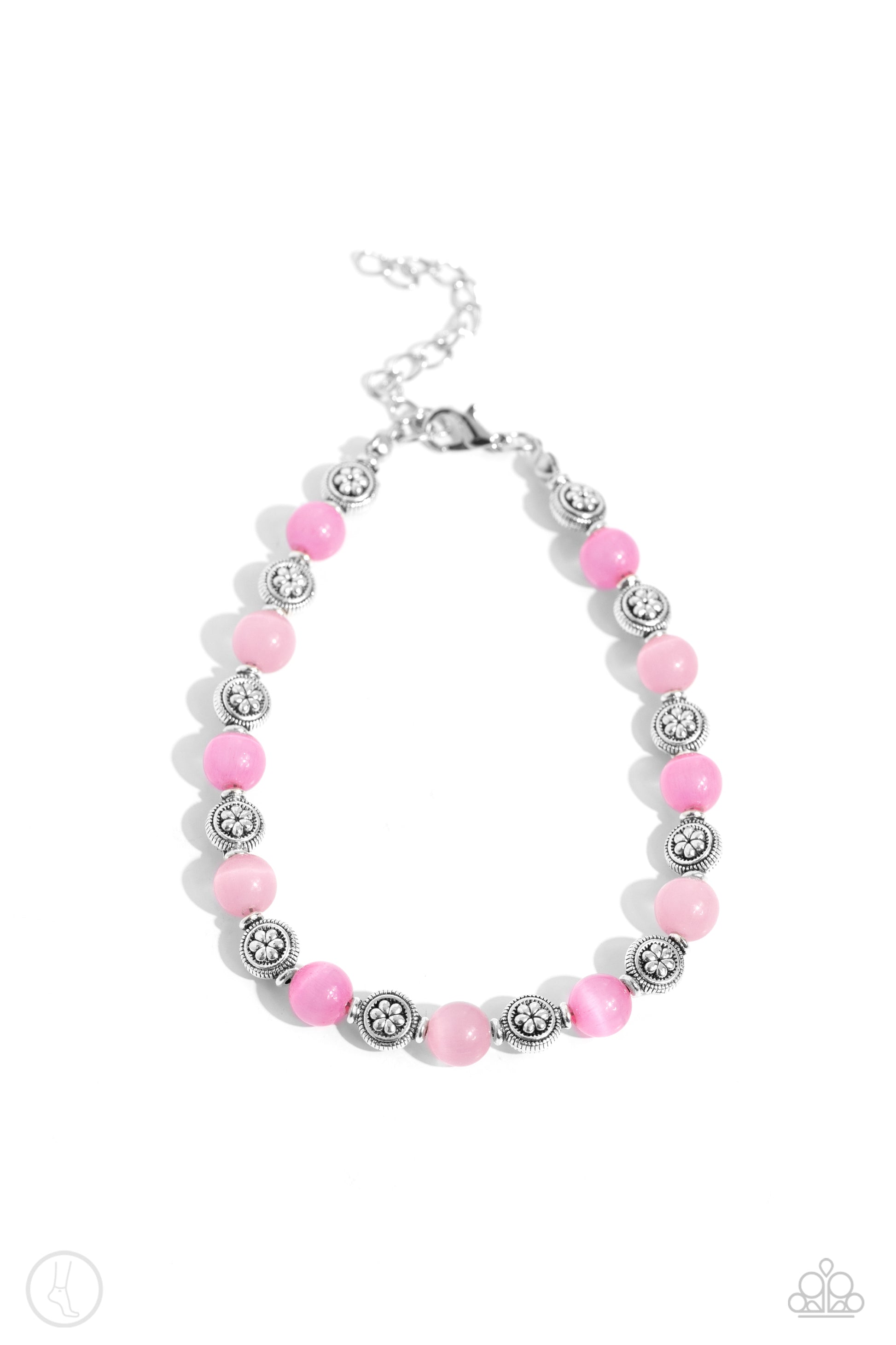 <p>Paparazzi Accessories - Beacy Bouquet - Pink Anklets infused along an invisible wire, a glowing collection of various pink cat's eye stones alternate with floral motif textured silver beads for a beachy statement around the ankle. Features an adjustable clasp closure.</p> <p><i>Sold as one individual anklet.</i></p>