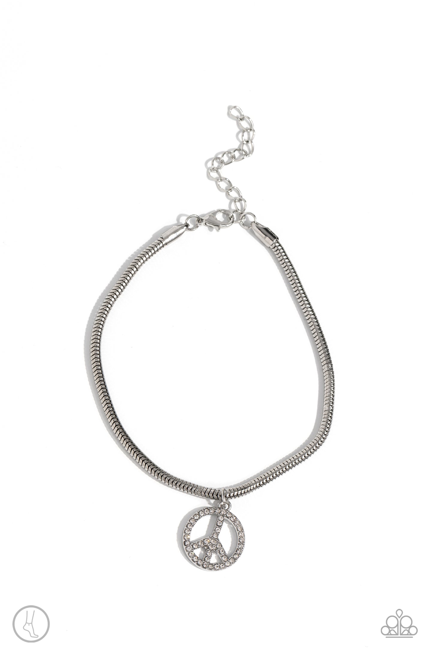 <p>Paparazzi Accessories - Pampered Peacemaker a silver peace sign infused with dazzling white rhinestones effortlessly slides along a thick silver snake chain, creating an irresistible pendant. Features an adjustable clasp closure.</p> <p><i>Sold as one individual anklet.</i></p>