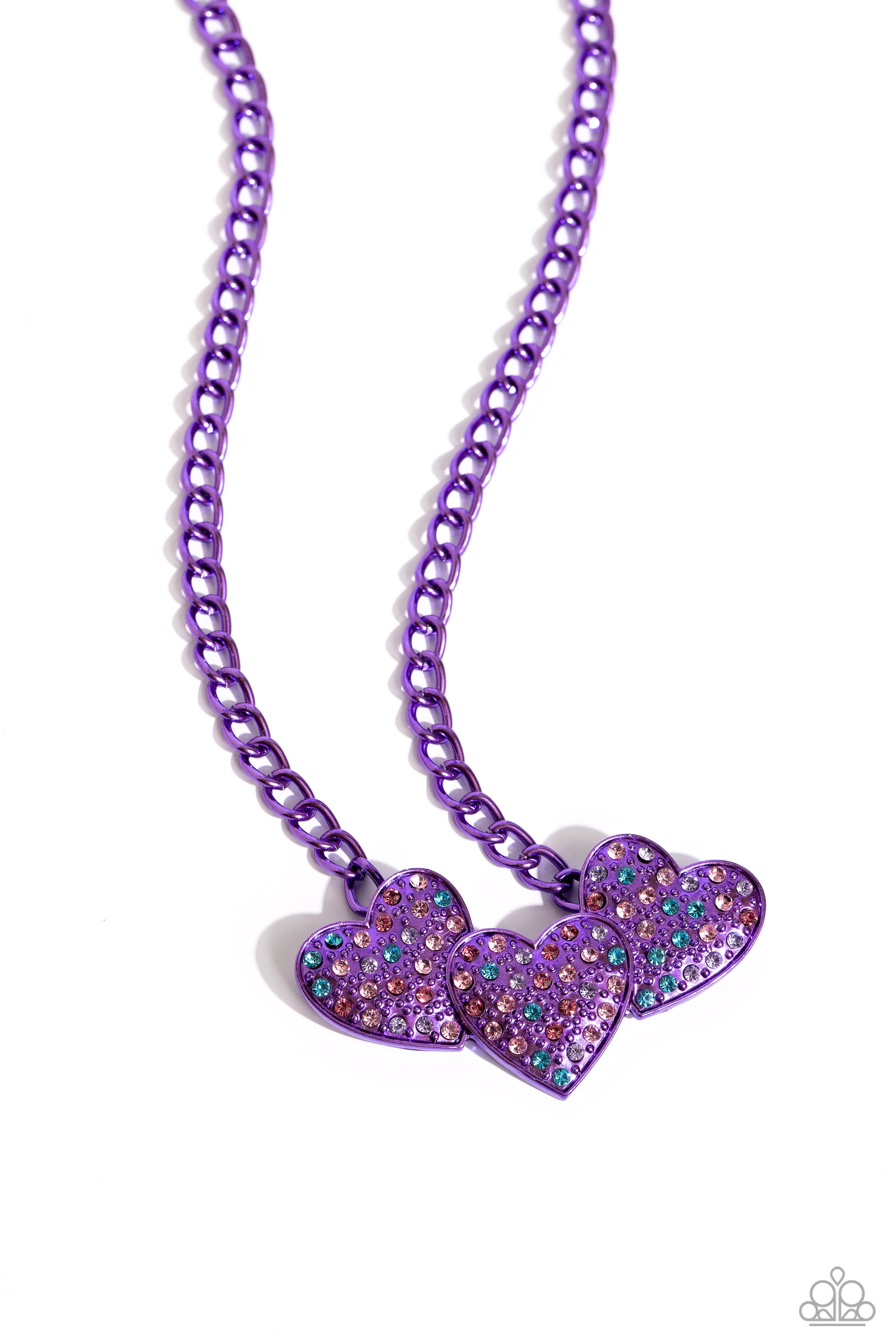 Paparazzi Accessories - Lowkey Lovestruck - Purple Jewelry Sets dipped in an electric purple hue, a strand of bulky chain gives way to three heart frames below the collar. Dotted with tactile electric purple studs, the interlocked heart frames feature various pink, blue, purple, and white rhinestones for a timeless finish. Features an adjustable clasp closure. Sold as one individual necklace. Includes one pair of matching earrings.