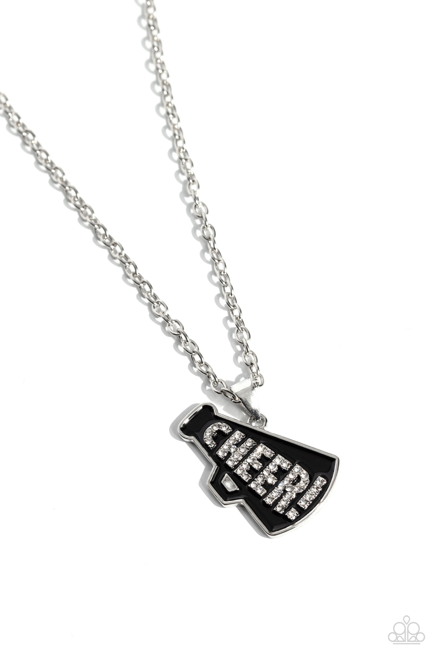 Paparazzi Accessories - Cheer Champion - Black Necklaces outlined in glistening white rhinestones, the word "Cheer!" is embossed in the center of a black-painted megaphone pendant along a dainty silver chain for a sports-inspired statement. Features an adjustable clasp closure. Sold as one individual necklace. Includes one pair of matching earrings.