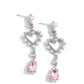 Paparazzi Accessories - Lovers Lure - Pink Heart Earringsaa white pearl and pink gem are pronged in silver fittings as they give way to an airy heart frame embellished with dainty white pearls and iridescent rhinestones for a dreamy finish. A white gem and pink teardrop gem, pressed in the same pronged fittings, dramatically swing from the bottom of the airy heart frame, capturing and reflecting light at every hypnotic sway. Earring attaches to a standard post fitting.