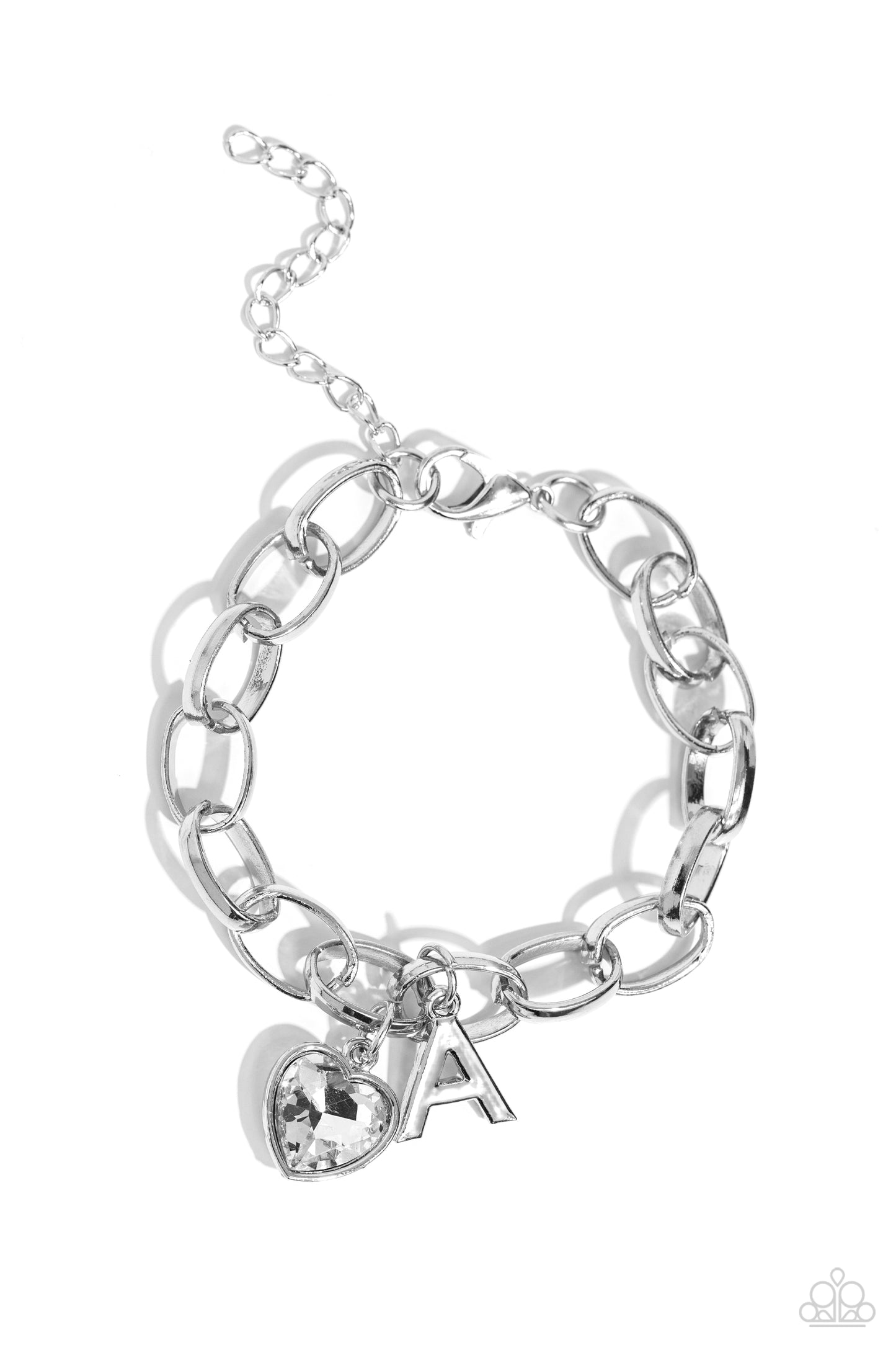 Paparazzi Accessories - Guess Now Its INITIALS - "A" White Bracelets a simple collection of silver charms — including a white rhinestone heart pressed in a silver frame and a sleek letter "A" — dance from a chunky silver chain around the wrist, creating a sentimental fringe. Features an adjustable clasp closure. Sold as one individual bracelet.