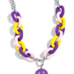Paparazzi Accessories - Speed Smile - Purple Jewelry Sets two strands of silver chain give way to a strand of oversized purple, baby pink, and yellow acrylic links for a colorful statement. A purple-painted smiley face pendant, with a lightning bolt for one eye, cascades from the colorful links for an exaggerated touch of personality. Features an adjustable clasp closure.