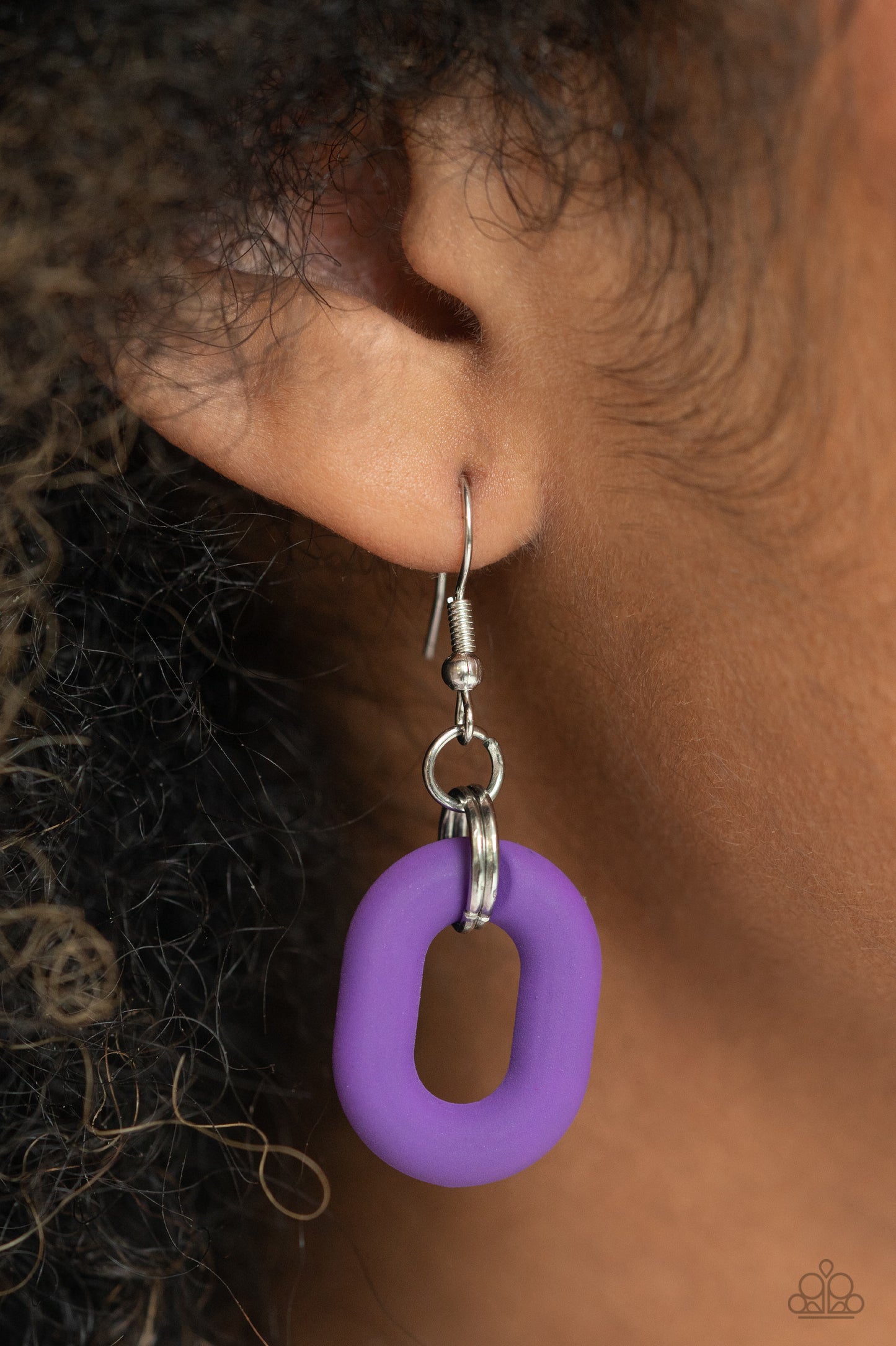 Paparazzi Accessories - Speed Smile - Purple Jewelry Sets two strands of silver chain give way to a strand of oversized purple, baby pink, and yellow acrylic links for a colorful statement. A purple-painted smiley face pendant, with a lightning bolt for one eye, cascades from the colorful links for an exaggerated touch of personality. Features an adjustable clasp closure.