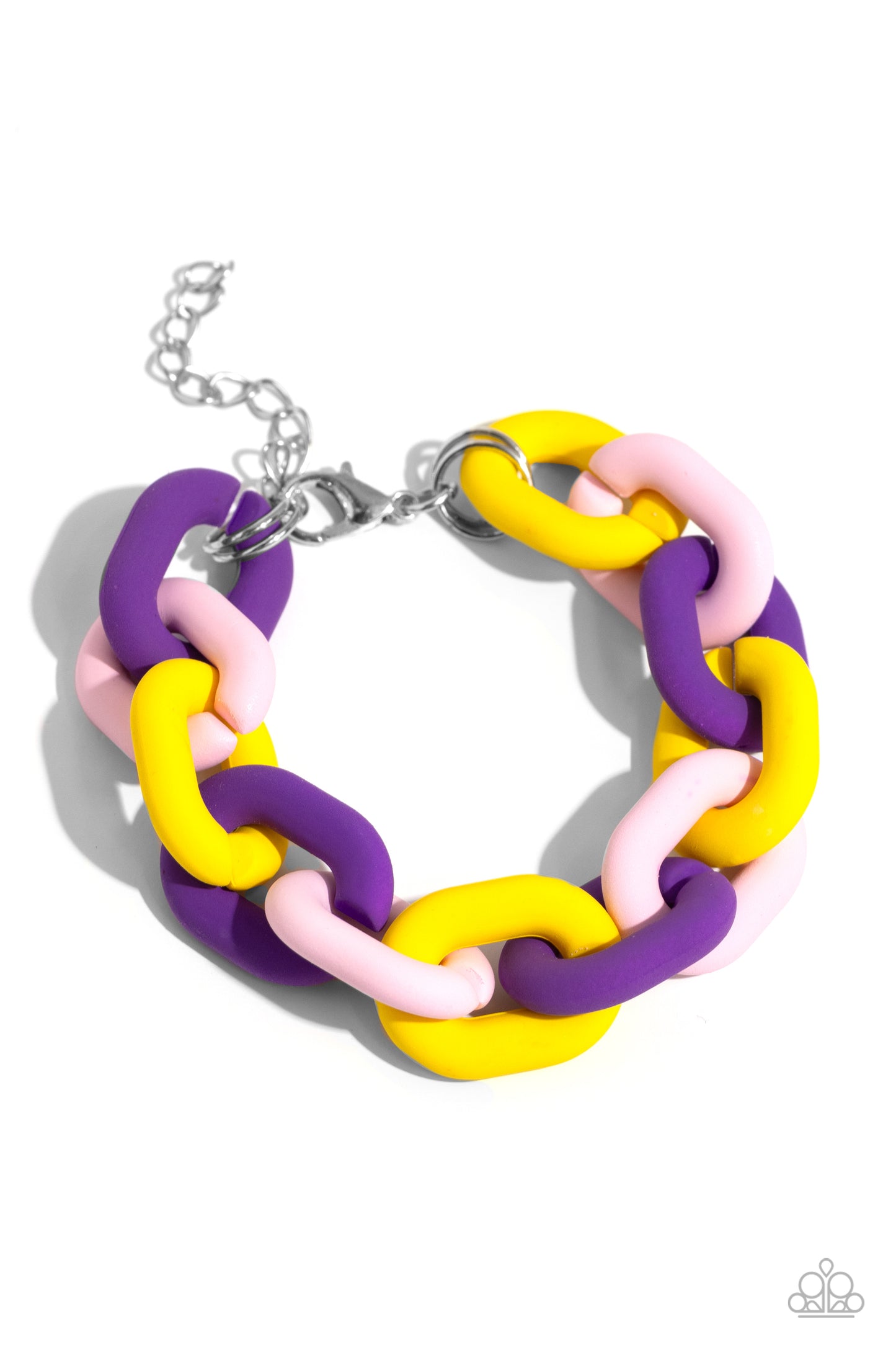 Paparazzi Accessories - Speed Smile - Purple Jewelry Sets two strands of silver chain give way to a strand of oversized purple, baby pink, and yellow acrylic links for a colorful statement. A purple-painted smiley face pendant, with a lightning bolt for one eye, cascades from the colorful links for an exaggerated touch of personality. Features an adjustable clasp closure.