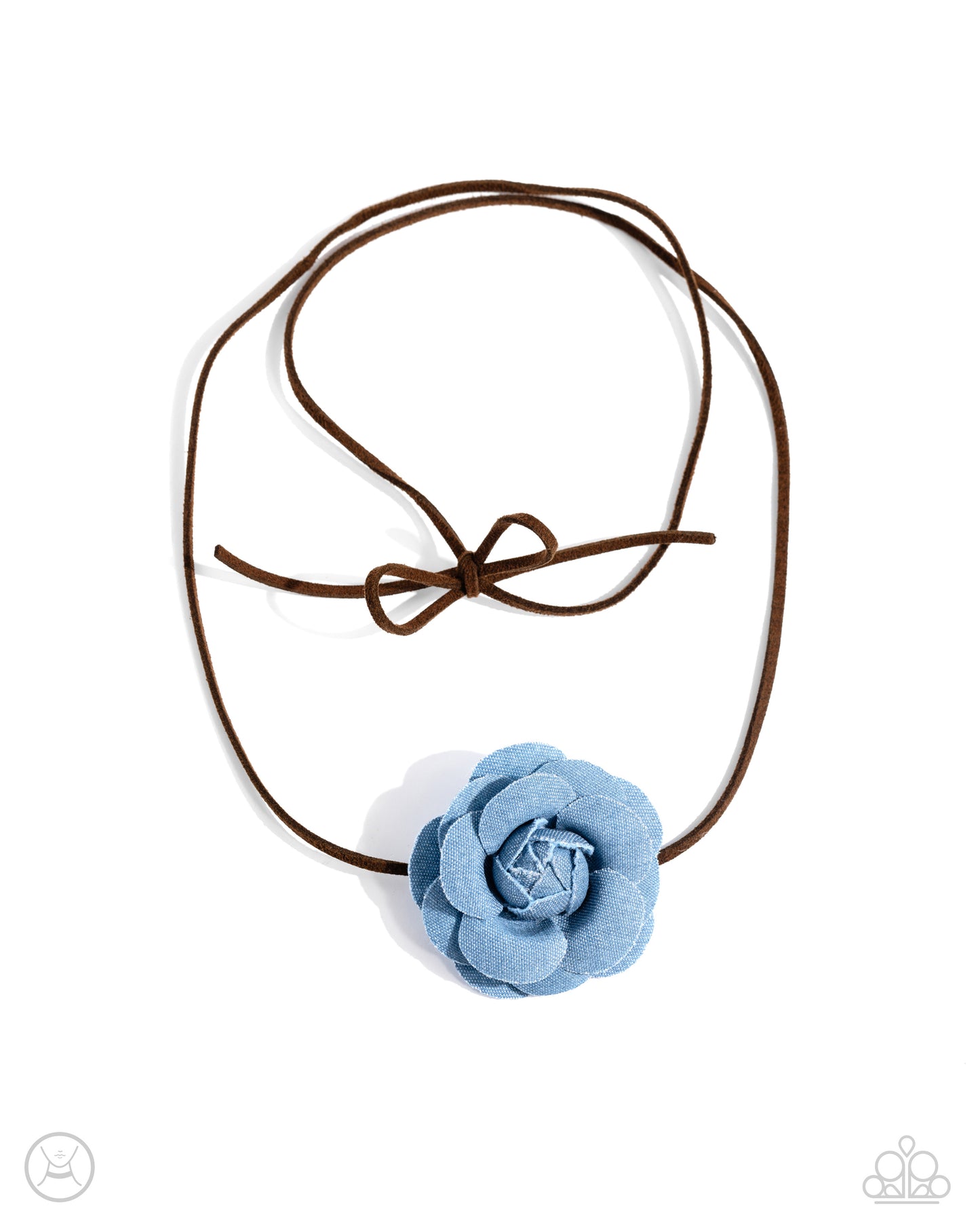 Paparazzi Accessories - Floral Folktale - Brown Choker Necklaces Featuring tactile detail, a three-dimensional, oversized denim rose slides along strips of brown suede, creating a Western floral-inspired centerpiece around the collar. Features an adjustable claspSold as one individual choker necklace. Includes one pair of matching earrings.