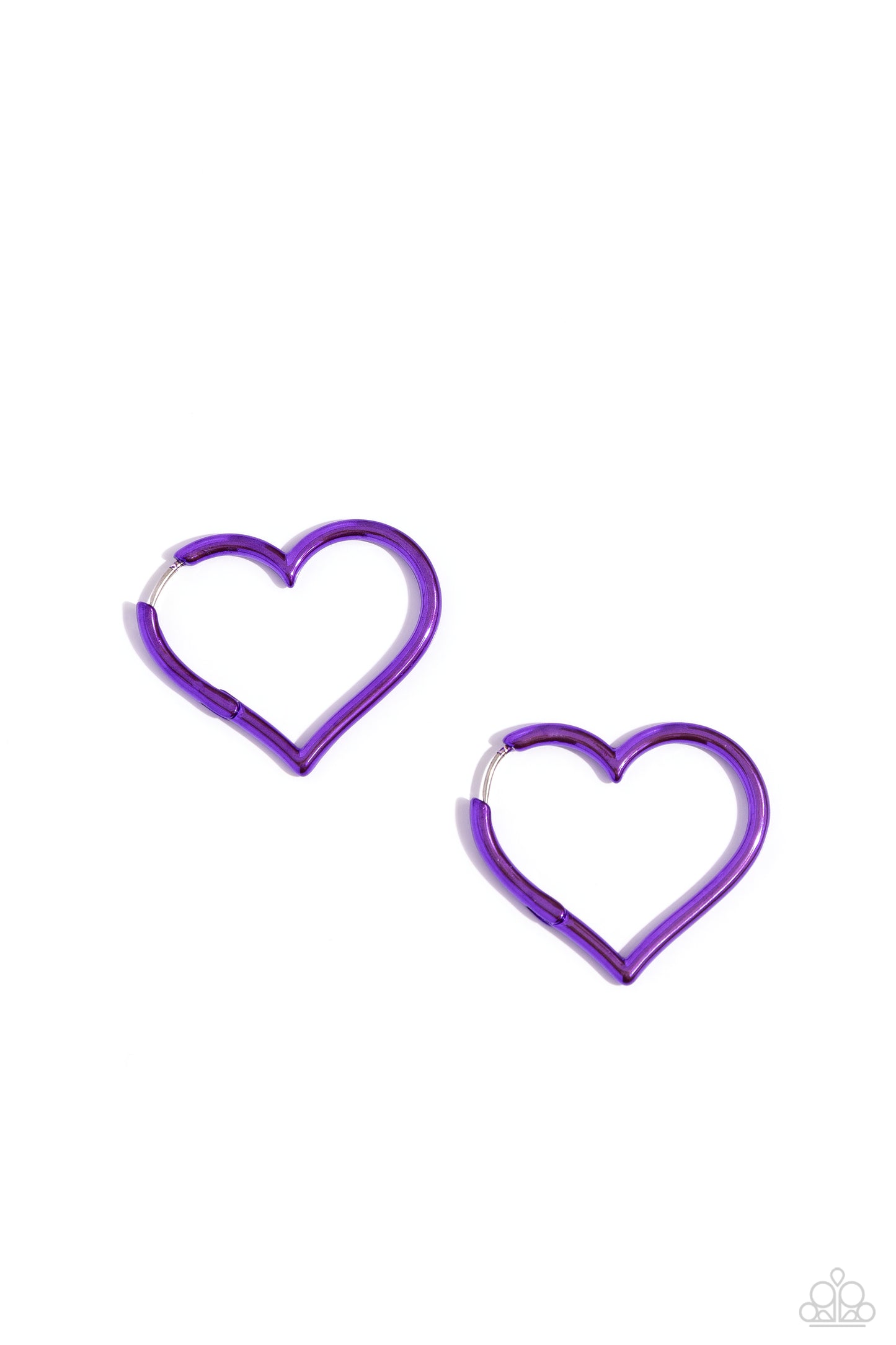 Paparazzi Accessories - Loving Legend - Purple Earrings featuring an electric purple hue, a heart silhouette hoop snugly curls around the ear for a colorfully romantic display. Earring attaches to a standard hinge closure fitting. Hoop measures approximately 1 1/2" in diameter. Sold as one pair of hinge hoop earrings.