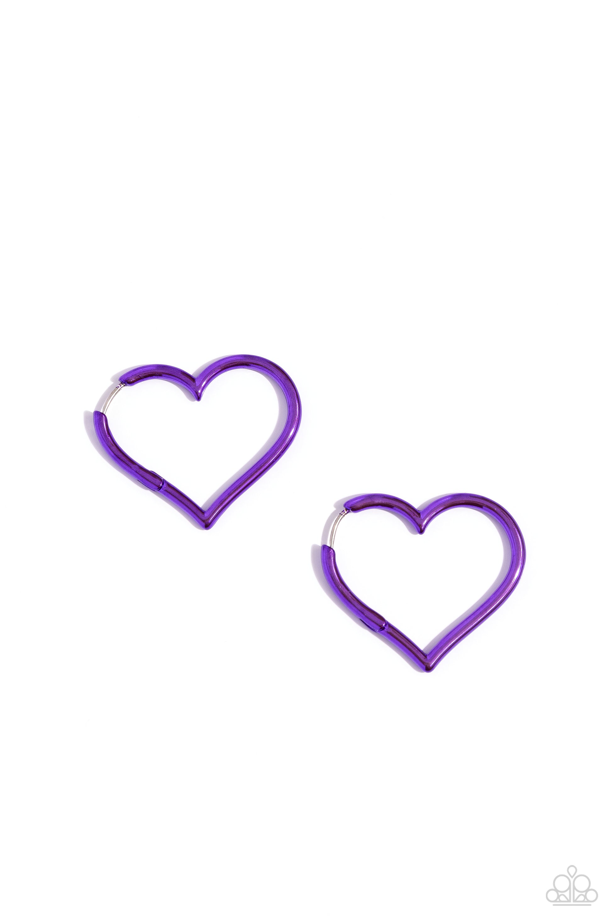 Paparazzi Accessories - Loving Legend - Purple Earrings featuring an electric purple hue, a heart silhouette hoop snugly curls around the ear for a colorfully romantic display. Earring attaches to a standard hinge closure fitting. Hoop measures approximately 1 1/2" in diameter. Sold as one pair of hinge hoop earrings.