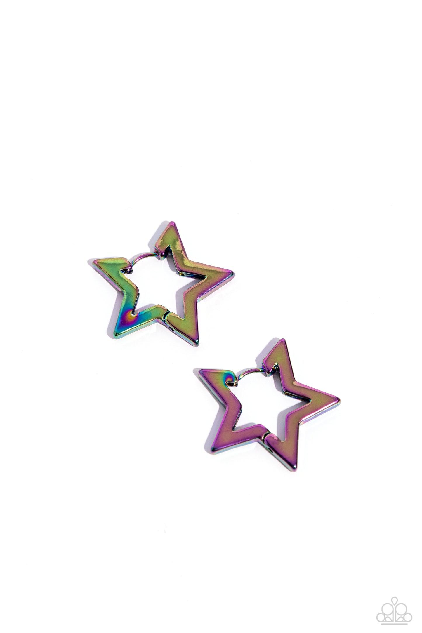 <p>Paparazzi Accessories - In a Galaxy STAR, STAR Away - Multi Hoop Earrings dipped in an oil spill shade, a three-dimensional star-shaped hoop hinges around the ear resulting in a stellar statement. Earring attaches to a standard hinge closure fitting. Hoop measures approximately 1 1/4" in diameter.</p> <p><i>Sold as one pair of hinge hoop earrings.</i></p>