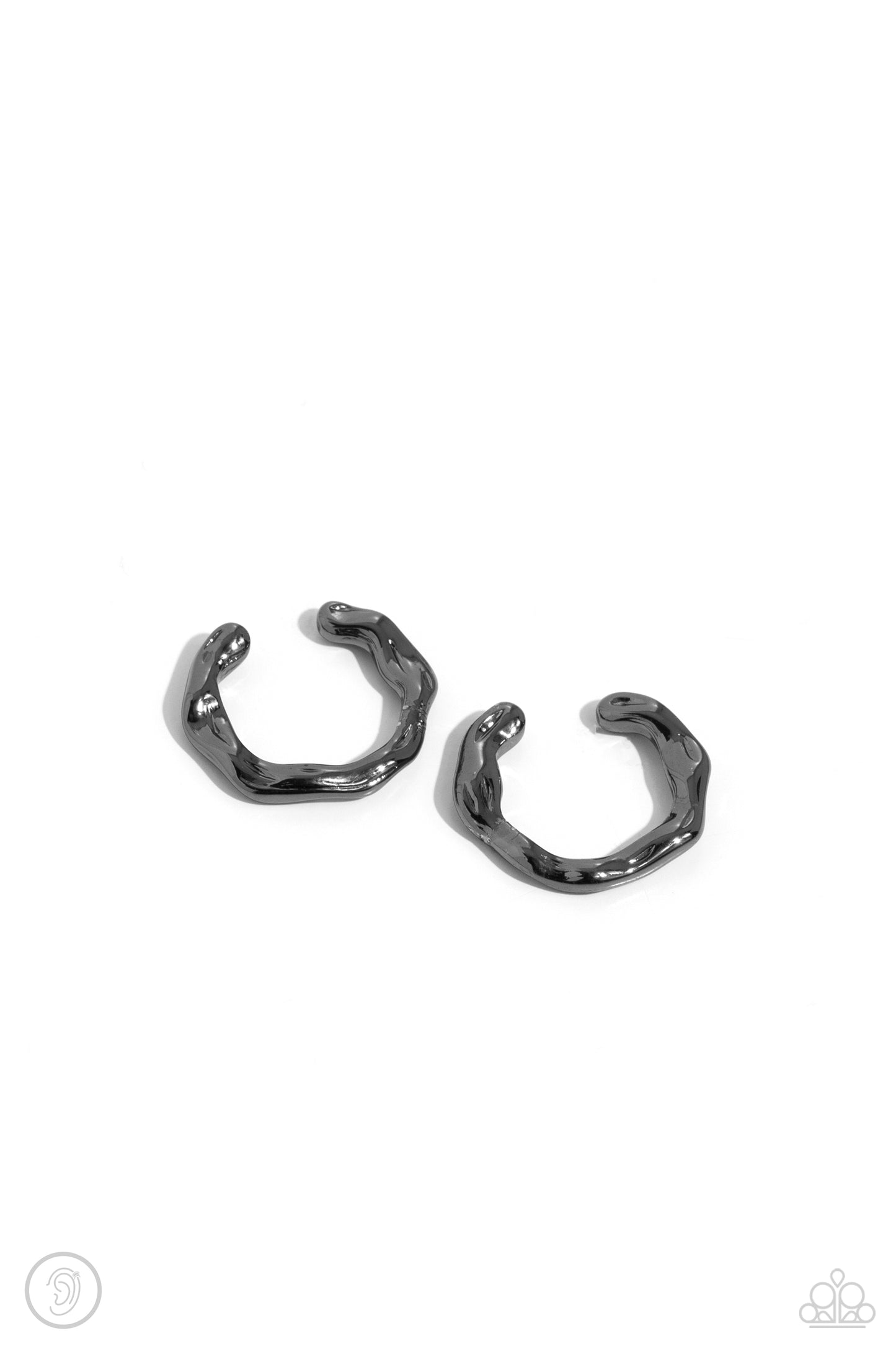 <p>Paparazzi Accessories - Enigmatic Echo - Black Ear Cuffs featuring an abstract pattern, a thin gunmetal bar curls into a warped cuff that wraps around the ear for a simplistic statement. Features a smooth surface for sliding ability to desired position on the ear. Due to its structure, adjusting capability is limited.</p> <p><i>Sold as one pair of cuff earrings.</i></p>