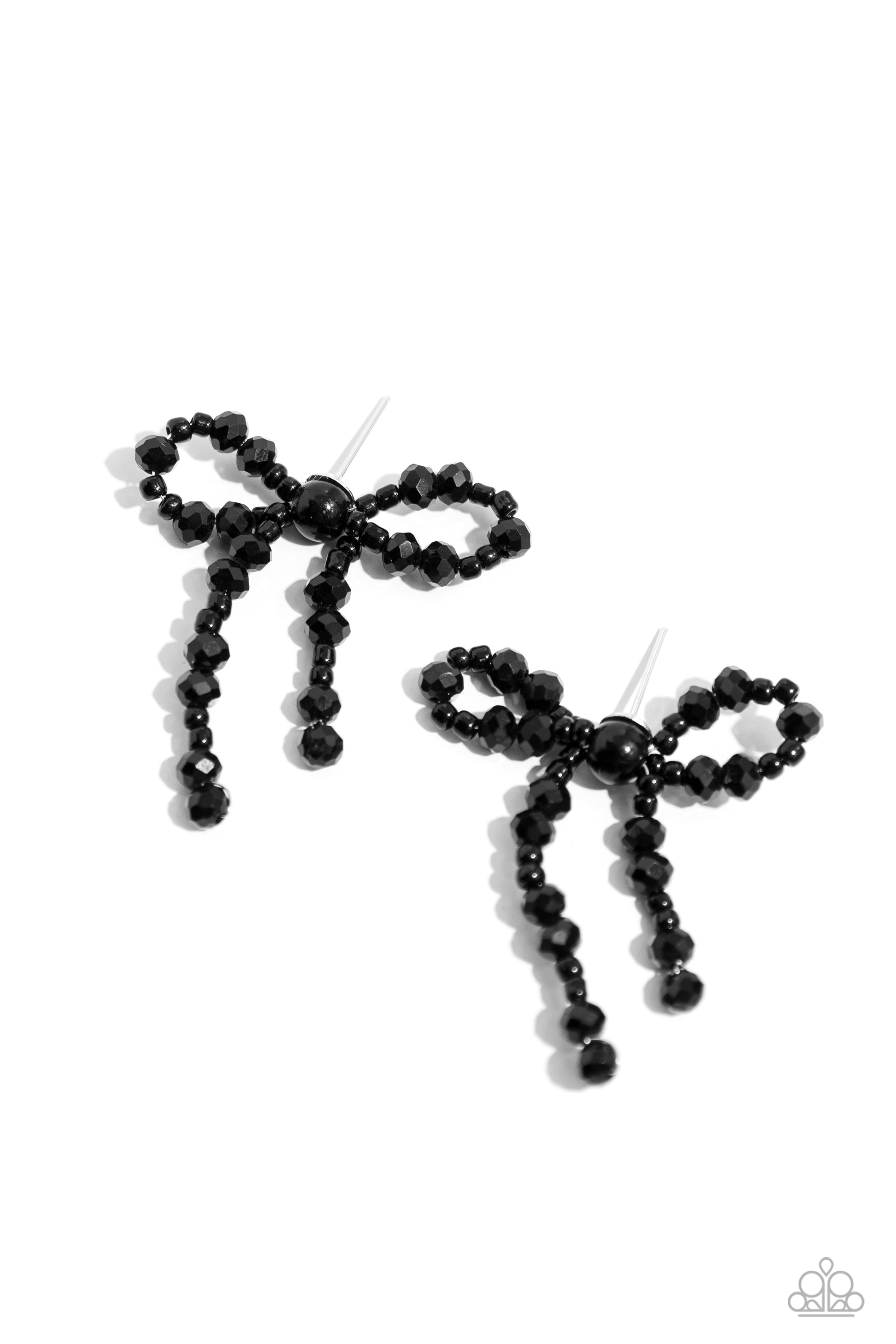 <p>Paparazzi Accessories - The BOW Must Go On - Black Earrings high-sheen black beads in various sizes and black seed beads loop and curl into an elegant, classic bow for a refined centerpiece. Earring attaches to a standard post fitting.</p> <p><i>Sold as one pair of post earrings.</i></p>
