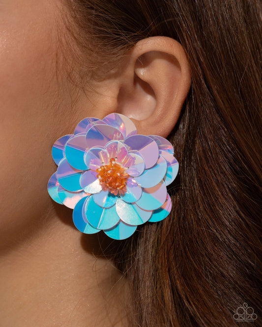 Paparazzi Accessories - Floating Florals - Multi Earrings featuring dainty yellow beaded centers, a whimsical collection of iridescent-tinted acrylic discs explode around the ear in a fantastical floral display. Earring attaches to a standard post fitting. Due to its prismatic palette, color may vary.  Sold as one pair of post earrings.