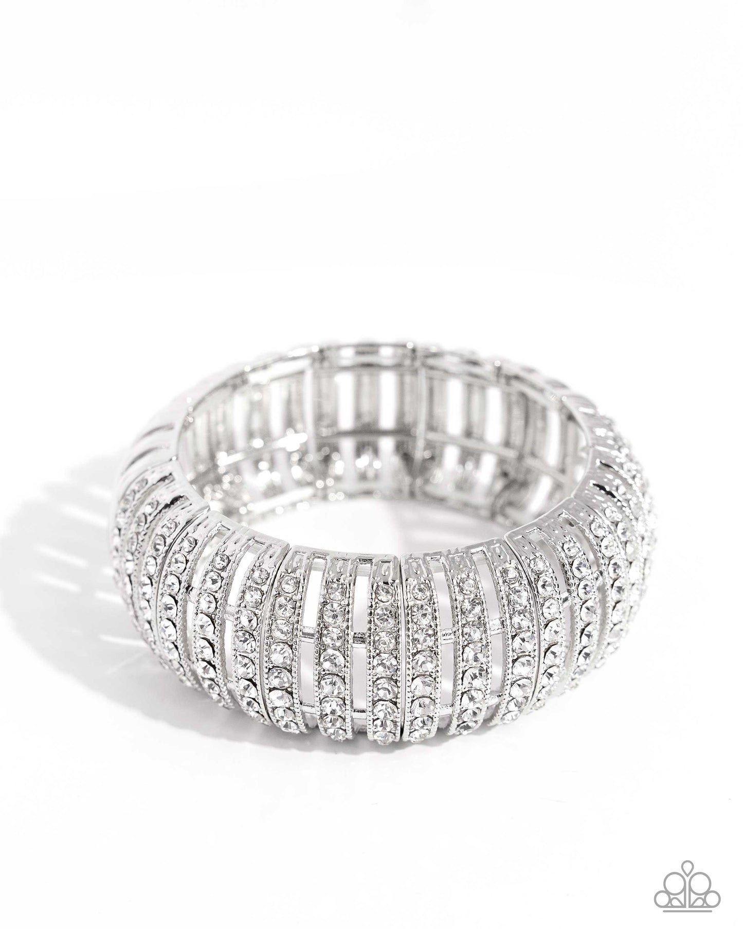 <p>Paparazzi Accessories - Appealing A-Lister - White Bracelets featuring glistening white gems, trios of curved silver bars join high-sheen curved silver bars for a radiant, light-catching display around the wrist on elastic stretchy bands.</p> <p><i>Sold as one individual bracelet.</i></p>