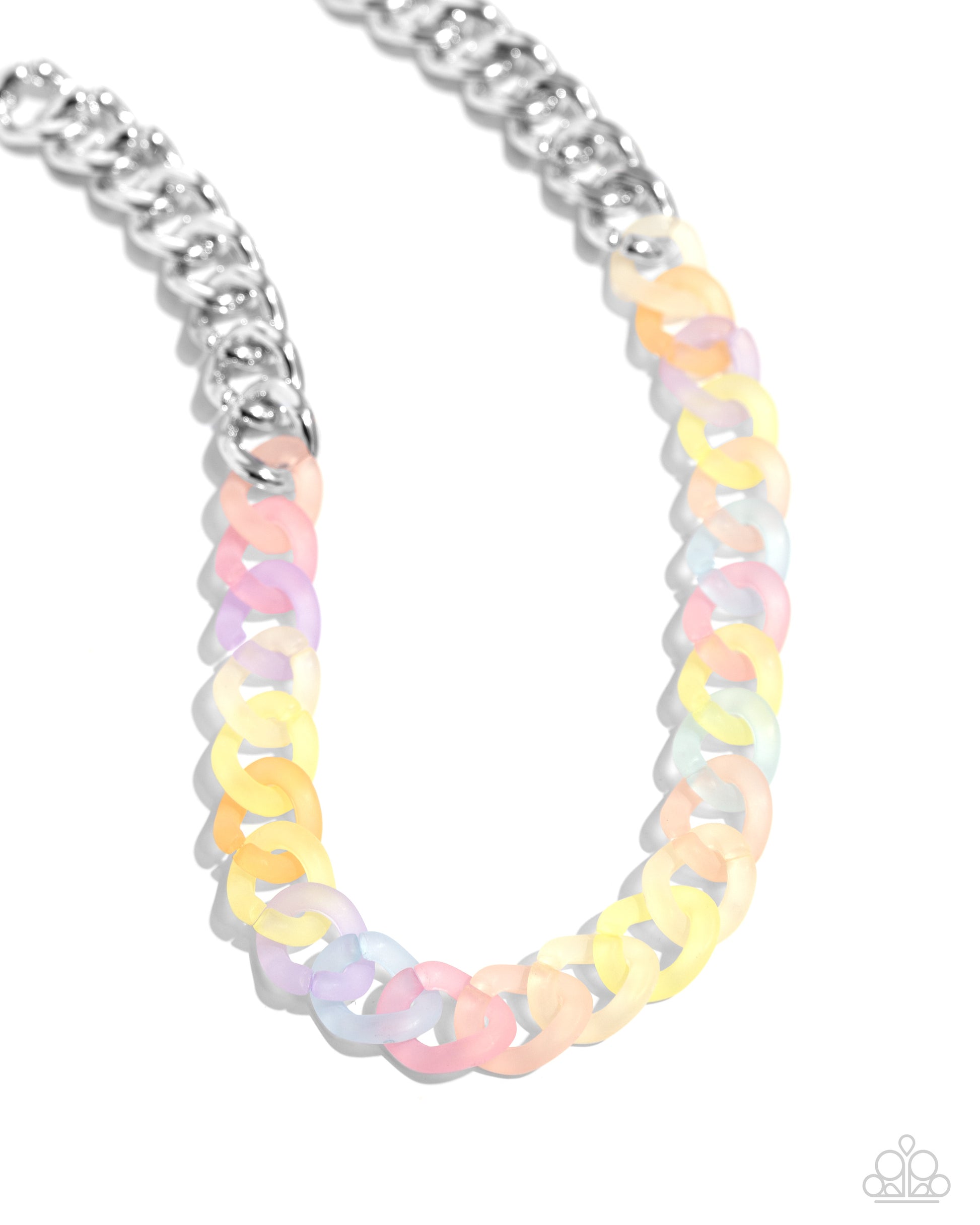 Paparazzi Accessories - Rainbow Ragtime - Multi Necklaces featuring a kaleidoscope of colors, acrylic rings connect to high-sheen silver curb chain links for a magically multicolored display. Features an adjustable clasp closure.  Sold as one individual necklace. Includes one pair of matching earrings.
