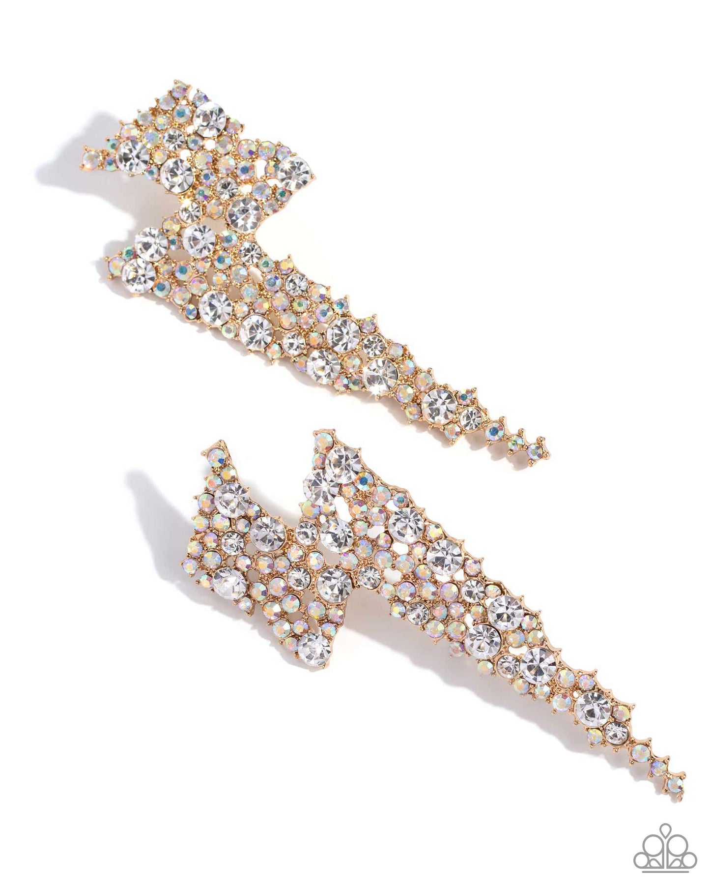 Paparazzi Accessories - Electric Effulgence - Gold Earrings featuring white gems and iridescent rhinestones, a pair of airy gold lightning bolts flicker and flash along the ear for a dazzling design. Earring attaches to a standard post fitting. Due to its prismatic palette, color may vary. Sold as one pair of post earrings.