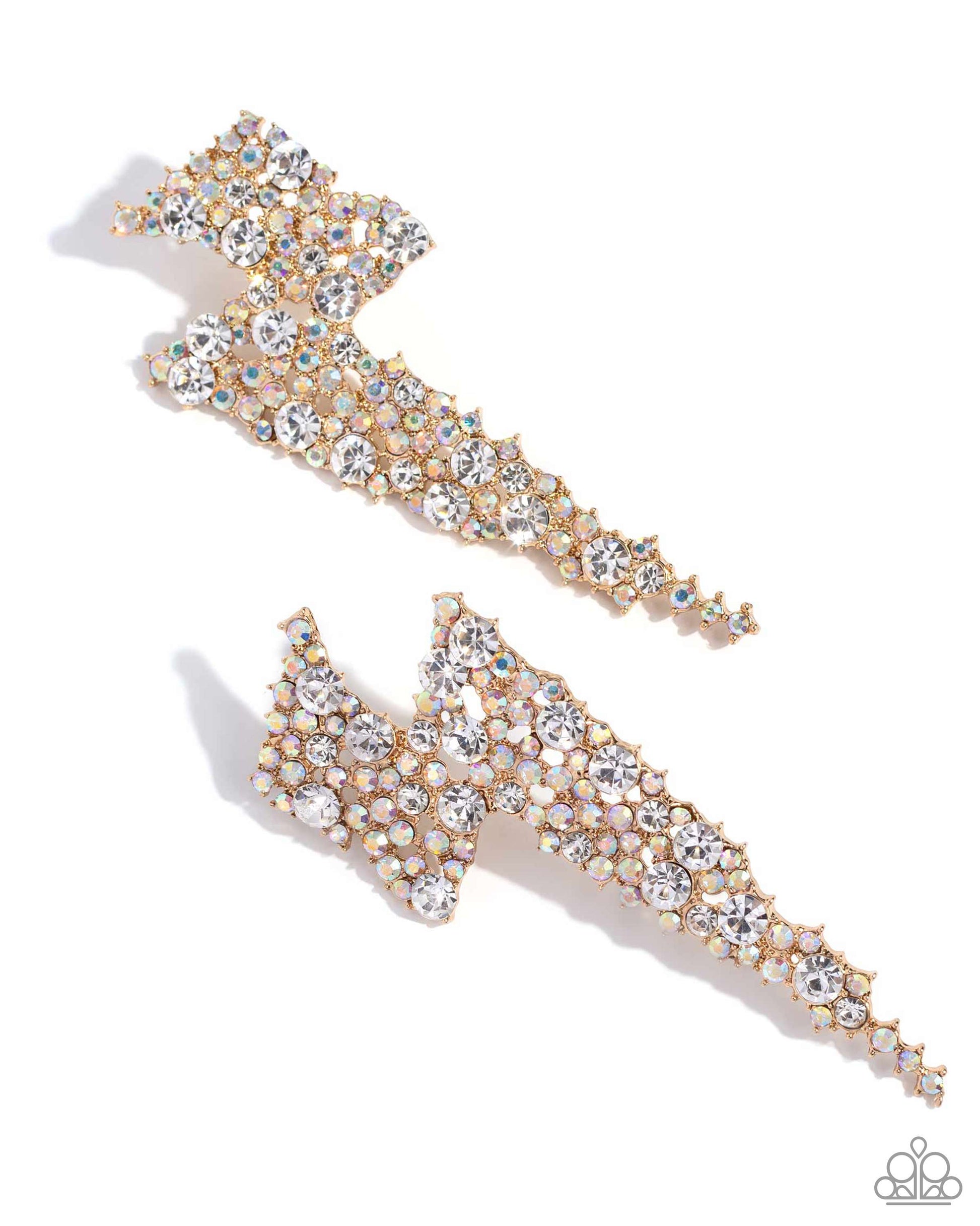 Paparazzi Accessories - Electric Effulgence - Gold Earrings featuring white gems and iridescent rhinestones, a pair of airy gold lightning bolts flicker and flash along the ear for a dazzling design. Earring attaches to a standard post fitting. Due to its prismatic palette, color may vary.  Sold as one pair of post earrings.