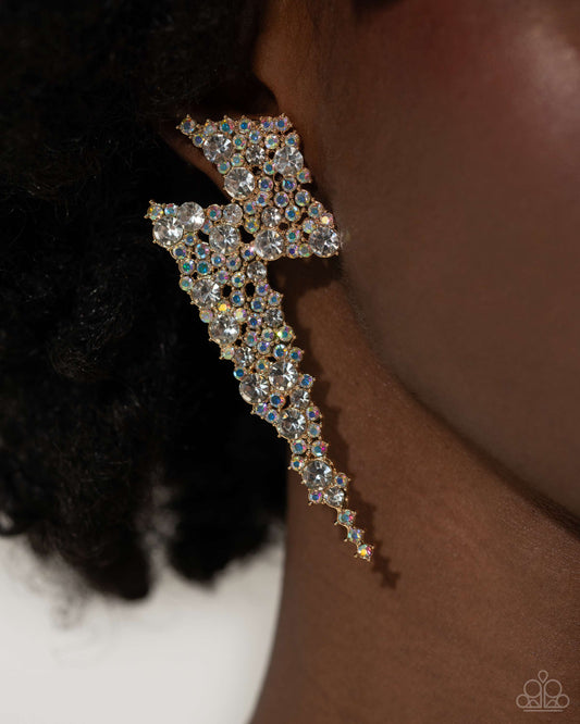 Paparazzi Accessories - Electric Effulgence - Gold Earrings featuring white gems and iridescent rhinestones, a pair of airy gold lightning bolts flicker and flash along the ear for a dazzling design. Earring attaches to a standard post fitting. Due to its prismatic palette, color may vary.  Sold as one pair of post earrings.