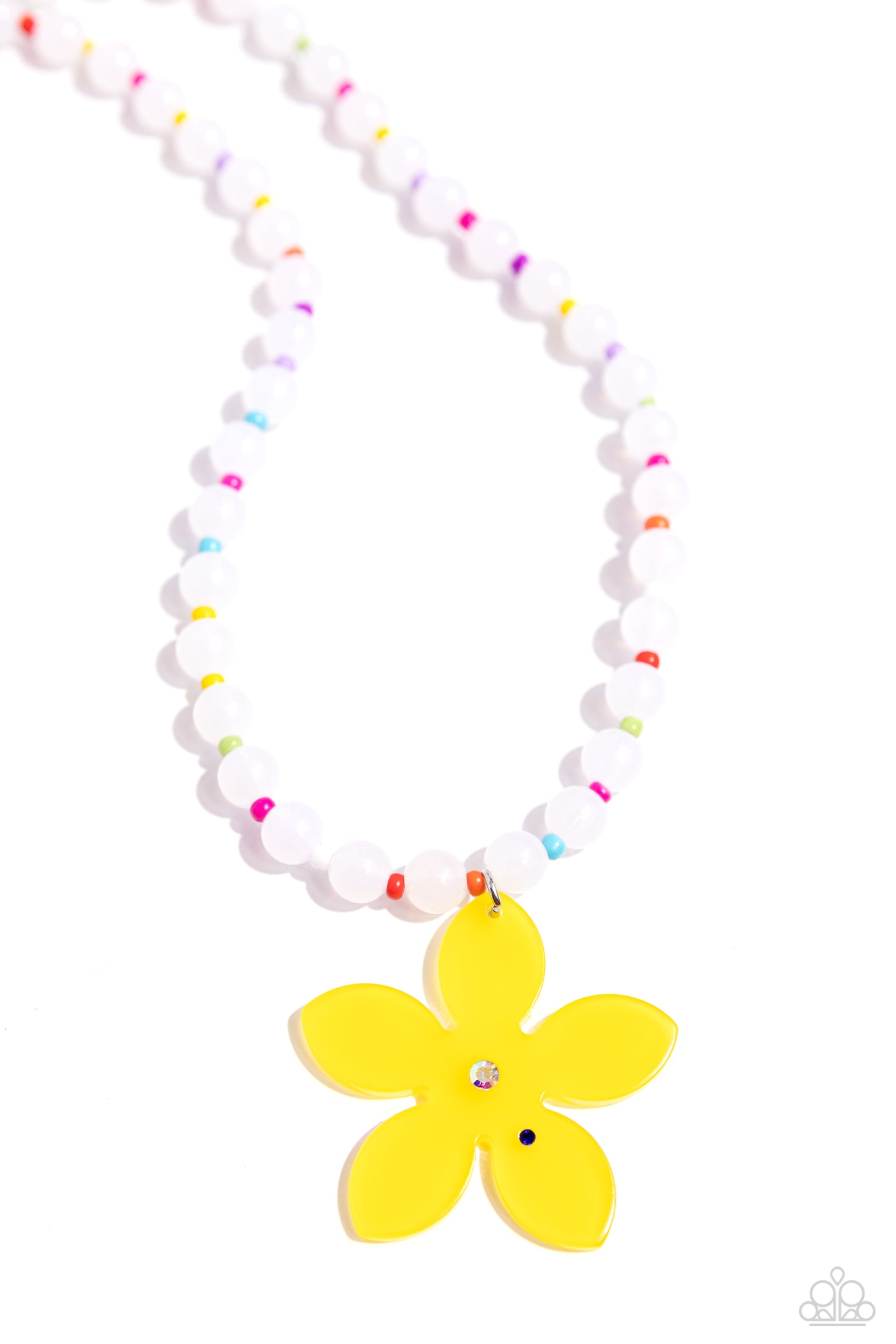 Infused along an invisible string around the neckline, a collection of milky white beads alternates with yellow, Kohlrabi, Pink Peacock, purple, orange, white, and lavender seed beads. Featuring an iridescent rhinestone center and a sapphire rhinestone accent, a yellow acrylic flower dangles from the center of the display for a nostalgic finish. Features an adjustable clasp closure. Due to its prismatic palette, color may vary. Sold as one individual necklace.