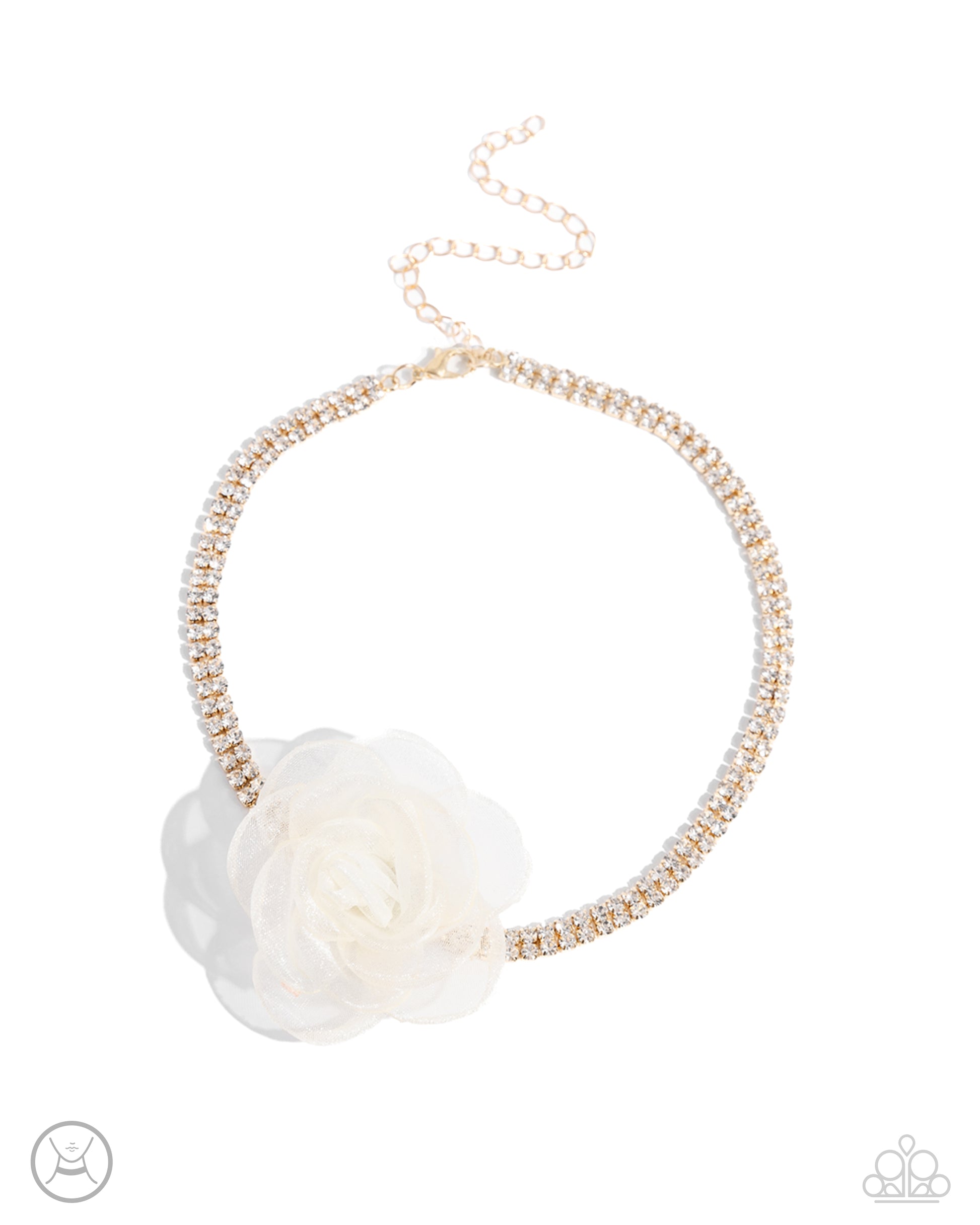 <p>Paparazzi Accessories - Rosy Range - Gold Necklaces a double-stranded gold chain is embellished with two rows of glistening white rhinestones as it wraps around the collar. An ivory tulle rosette is placed in the center of the design for a floral finish. Features an adjustable clasp closure.</p> <p><i>Sold as one individual choker necklace. Includes one pair of matching earrings.</i></p>