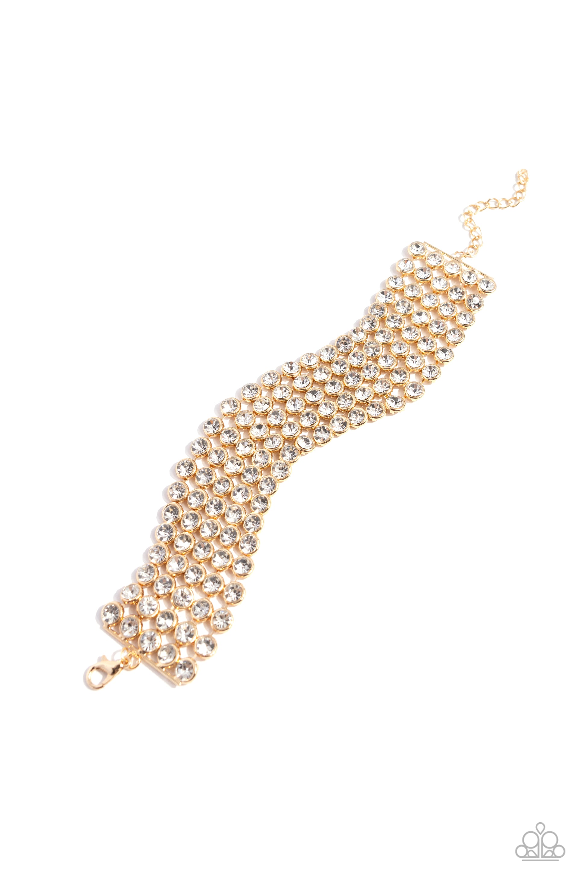 Paparazzi Accessories - GLASSY Gallery - Gold Bracelets suspended from sleek, dainty gold bars, five linked rows of glassy white rhinestones stack into a blinding display around the wrist for a jaw-dropping look. Features an adjustable clasp closure.  Sold as one individual bracelet.