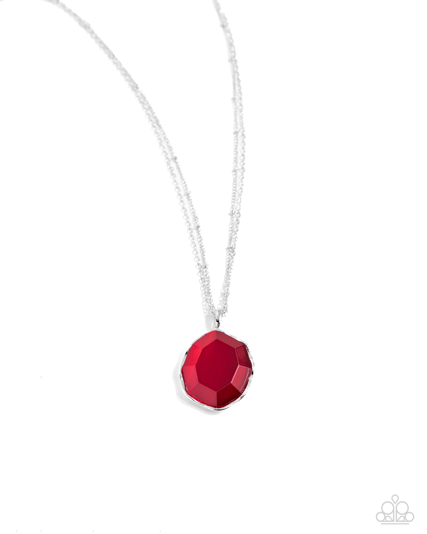 Paparazzi Accessories - Showstopping Season - Red Necklaces gliding along a double silver chain and satellite chain, a faceted red oval is set in an abstract silver frame for a pop of refined color below the chest. Features an adjustable clasp closure. Sold as one individual necklace. Includes one pair of matching earrings.