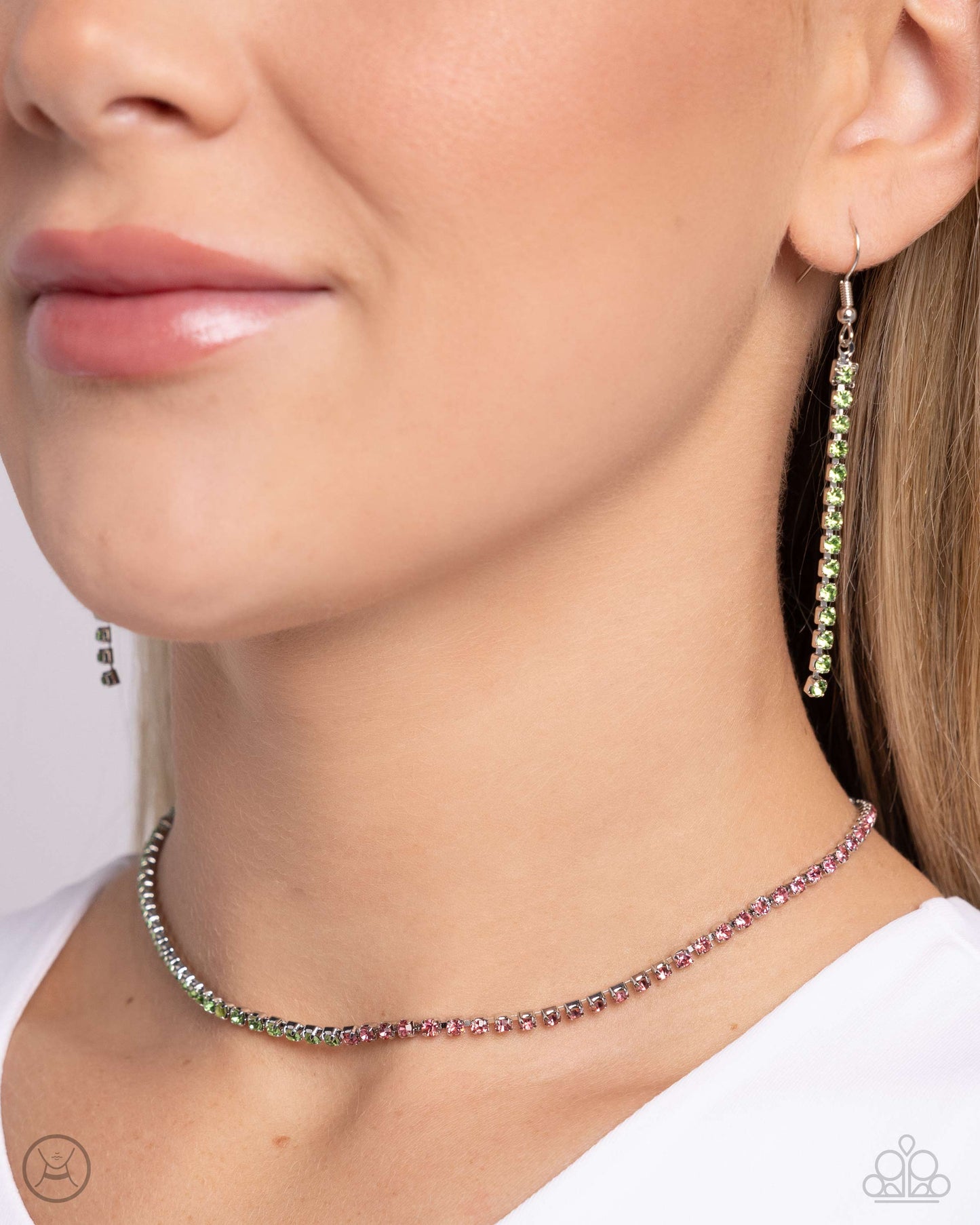 Paparazzi Accessories - Dedicated Duo - Green Necklaces set in sleek silver square fittings, rose rhinestones transition to green rhinestones along the collar for a dazzling, dichromatic display. Features an adjustable clasp closure. Sold as one individual choker necklace. Includes one pair of matching earrings.