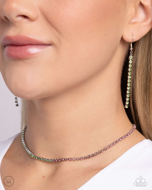 Paparazzi Accessories - Dedicated Duo - Green Necklaces set in sleek silver square fittings, rose rhinestones transition to green rhinestones along the collar for a dazzling, dichromatic display. Features an adjustable clasp closure.  Sold as one individual choker necklace. Includes one pair of matching earrings.