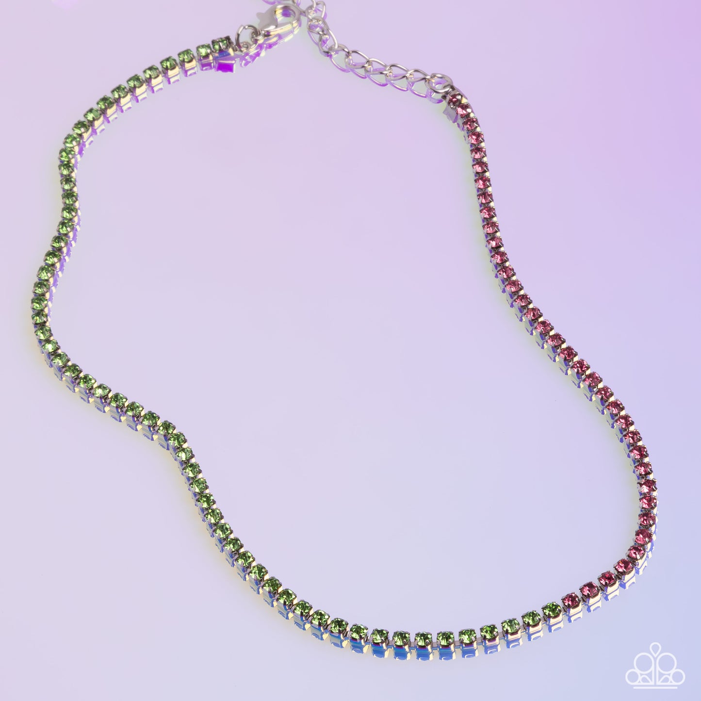 Paparazzi Accessories - Dedicated Duo - Green Necklaces set in sleek silver square fittings, rose rhinestones transition to green rhinestones along the collar for a dazzling, dichromatic display. Features an adjustable clasp closure. Sold as one individual choker necklace. Includes one pair of matching earrings.
