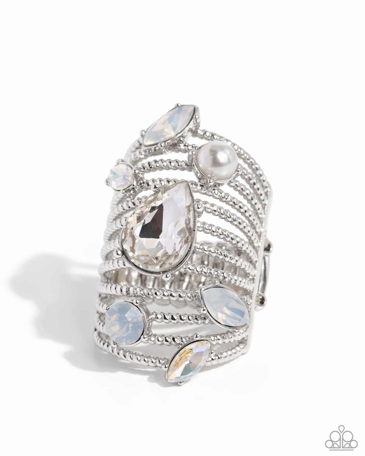 <p data-mce-fragment="1">Featuring a dazzling array of round, teardrop, and marquise-cut gems, pearls, and rhinestones in multicolored white hues, row after row of twisted silver bands stack up and across the finger for a knockout look. Features a stretchy band for a flexible fit.</p> <p data-mce-fragment="1"><i data-mce-fragment="1">Sold as one individual ring.</i></p>