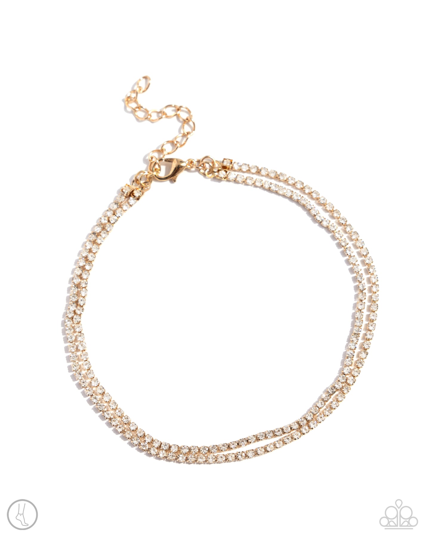 <div class="sku" data-v-510a33b4="">Paparazzi Accessories - Dainty Declaration - Gold Anklets s<span style="font-size: 1rem;">et in gold square fittings, two strands of white rhinestones coalesce around the ankle for a simply shimmering statement. Features an adjustable clasp closure.</span></div> <div class="description" data-v-510a33b4=""> <p><i>Sold as one individual anklet.</i></p> </div>