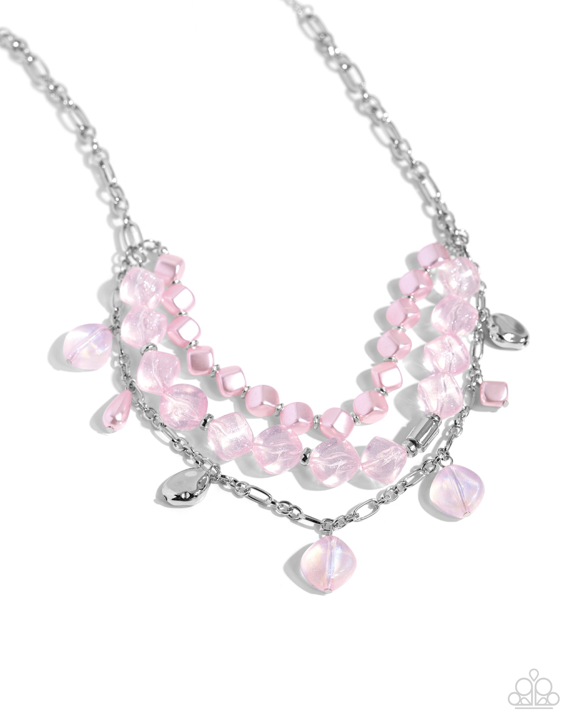 Paparazzi Accessories - Cubed Cameo - Pink Jewelry Sets cubed baby pink pearls join a strand of baby pink clear acrylics that alternate with silver discs and a silver fitting around the neckline. A third strand joins the refined display featuring a silver abstract chain that has dangling silver beads, baby pink pearls in a variety of shapes, and glittery clear acrylics for a classy display. Features an adjustable clasp closure. Sold as one individual necklace. Includes one pair of matching earrings.