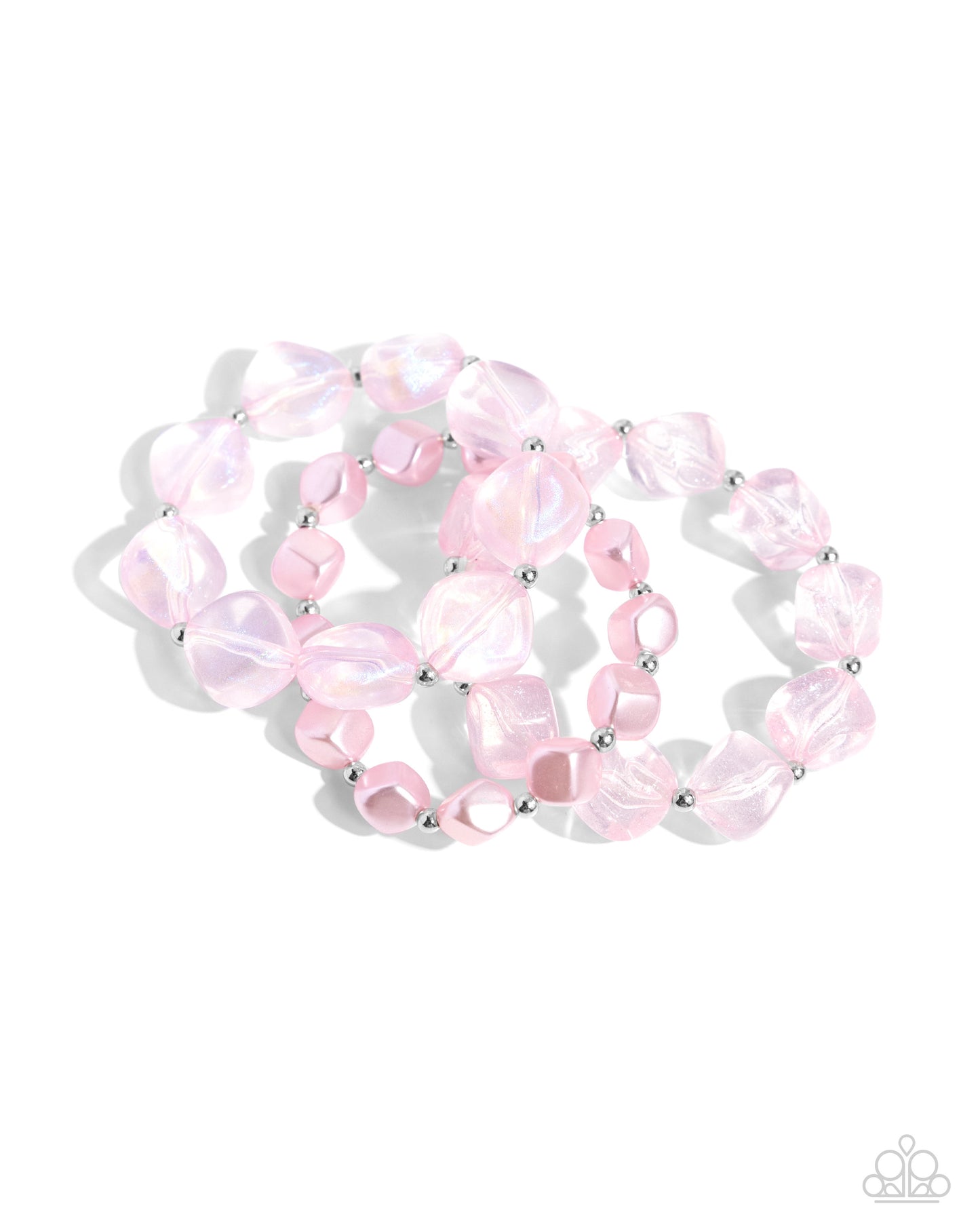 Paparazzi Accessories - Cubed Cameo - Pink Jewelry Sets cubed baby pink pearls join a strand of baby pink clear acrylics that alternate with silver discs and a silver fitting around the neckline. A third strand joins the refined display featuring a silver abstract chain that has dangling silver beads, baby pink pearls in a variety of shapes, and glittery clear acrylics for a classy display. Features an adjustable clasp closure. Sold as one individual necklace. Includes one pair of matching earrings.