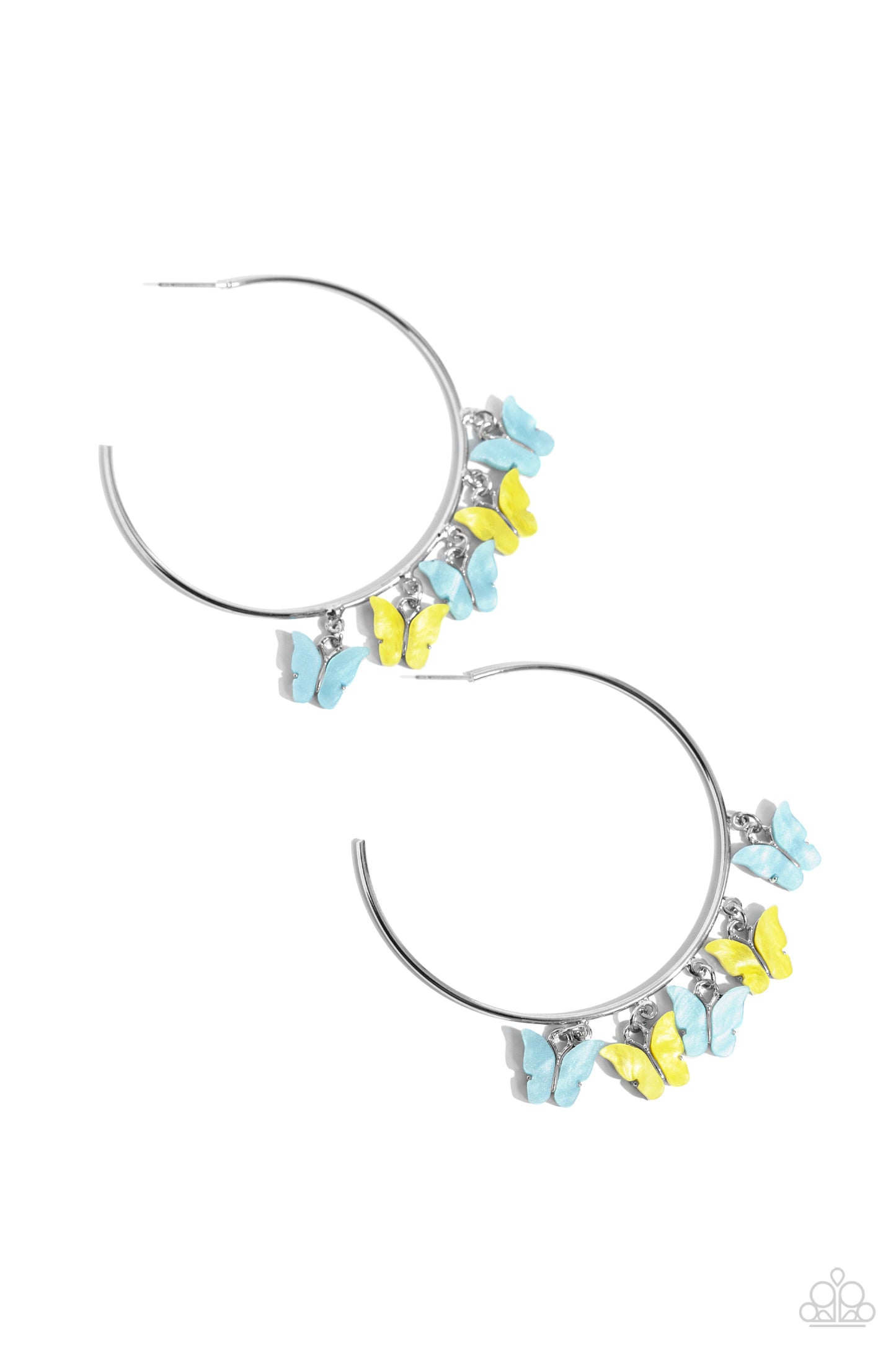 Paparazzi Accessories - Bemusing Butterflies - Blue Earrings attaches along an oversized silver hoop, various blue and yellow butterflies flutter and fly along the ear for a whimsical finish. Earring attaches to a standard post fitting. Hoop measures approximately 2 1/4" in diameter. Sold as one pair of hoop earrings.