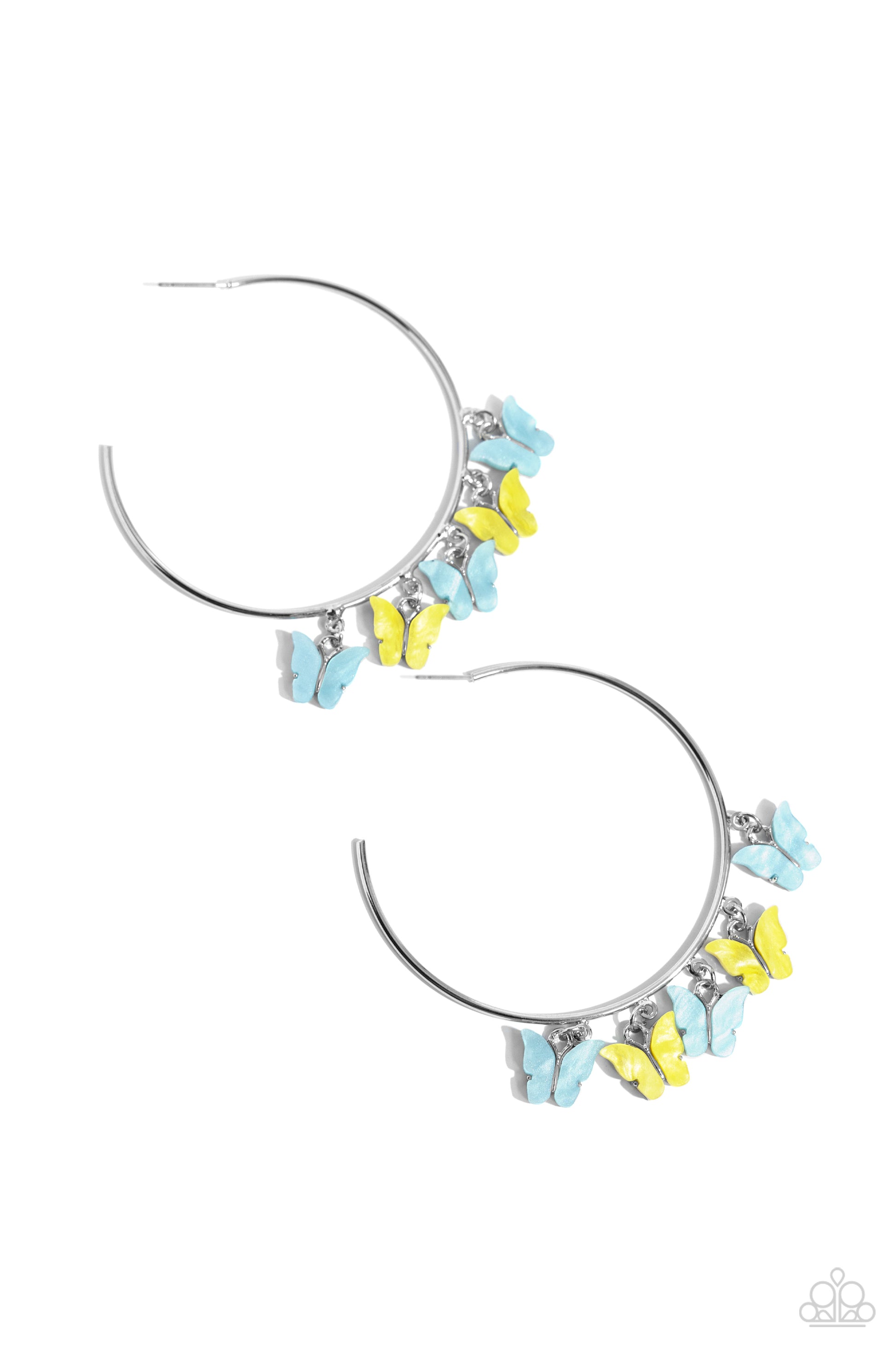 Paparazzi Accessories - Bemusing Butterflies - Blue Earrings attaches along an oversized silver hoop, various blue and yellow butterflies flutter and fly along the ear for a whimsical finish. Earring attaches to a standard post fitting. Hoop measures approximately 2 1/4" in diameter.  Sold as one pair of hoop earrings.