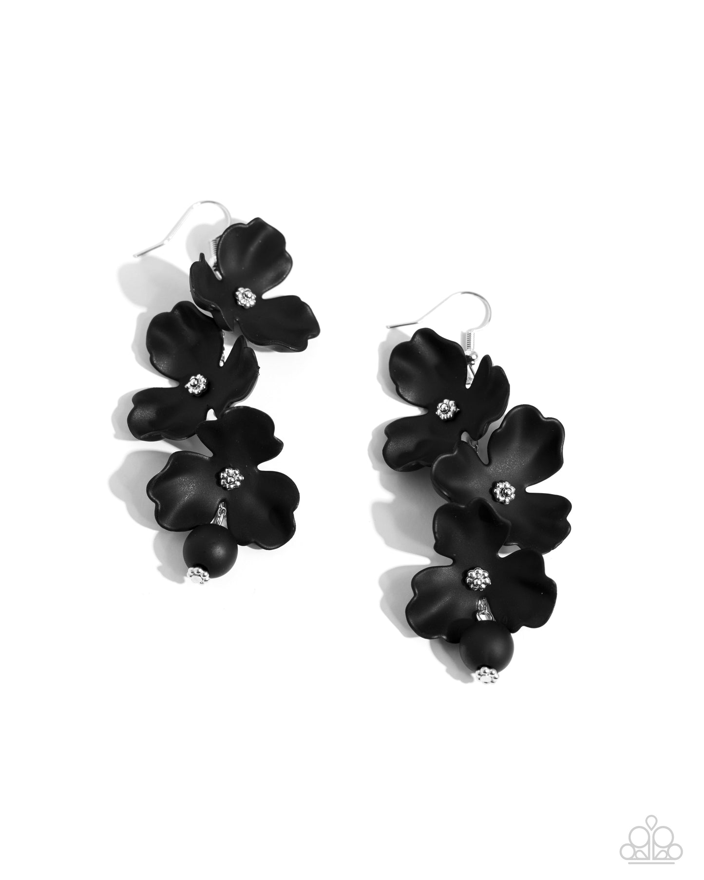 Paparazzi Accessories - Plentiful Petals - Black Earrings a dainty silver chain gives way to a trio of black acrylic flowers that slide along the chain and an exaggeratedly large bead in the same hue. The flowers curl up around a dainty floral silver-beaded center while the solitaire bead features the same eye-catching center for a whimsical finish. Earring attaches to a standard fishhook fitting. Sold as one pair of earrings.