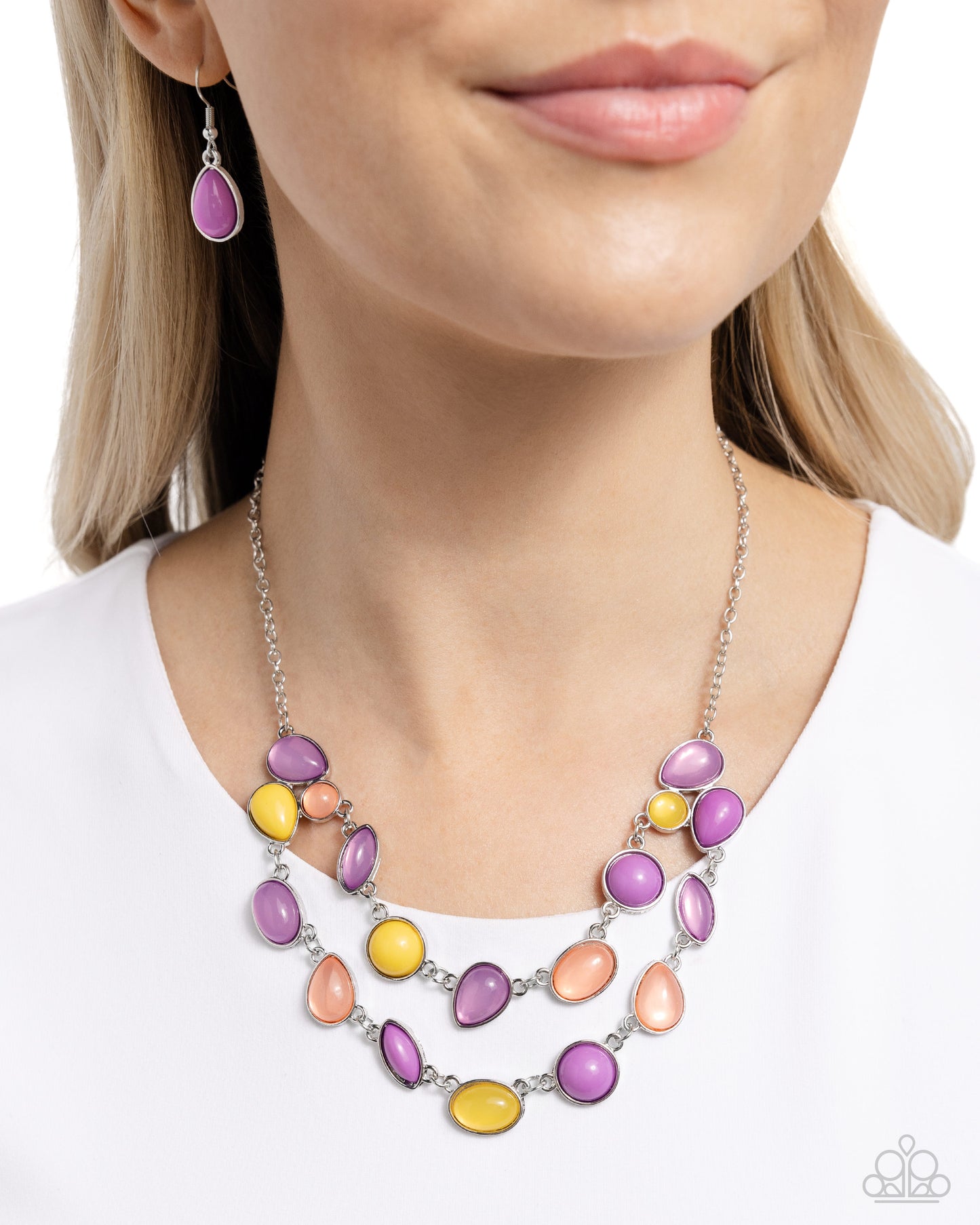 Paparazzi Accessories - Variety Vogue - Purple Necklaces a mismatched collection of glossy and opaque lavender, Desert Flower, and Lemon Drop teardrop, marquise, and round beads in silver frames delicately connect into a bubbly clustered pendant below the collar, creating a colorful statement piece. Features an adjustable clasp closure. Sold as one individual necklace. Includes one pair of matching earrings.