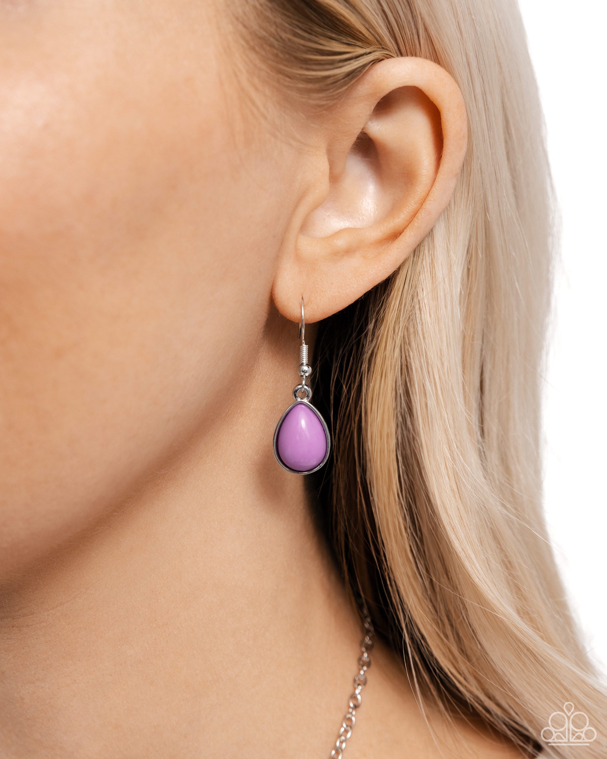 Paparazzi Accessories - Variety Vogue - Purple Necklaces a mismatched collection of glossy and opaque lavender, Desert Flower, and Lemon Drop teardrop, marquise, and round beads in silver frames delicately connect into a bubbly clustered pendant below the collar, creating a colorful statement piece. Features an adjustable clasp closure. Sold as one individual necklace. Includes one pair of matching earrings.